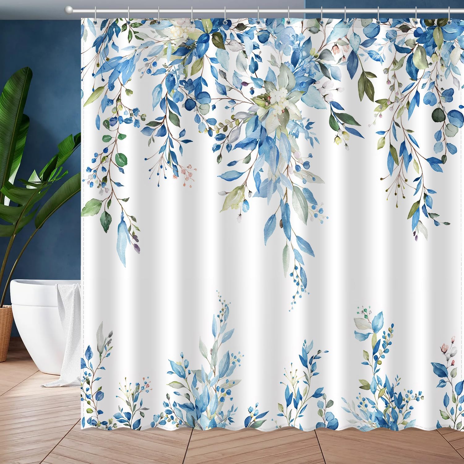 Blue Green Eucalyptus Leaves Shower Curtain Set