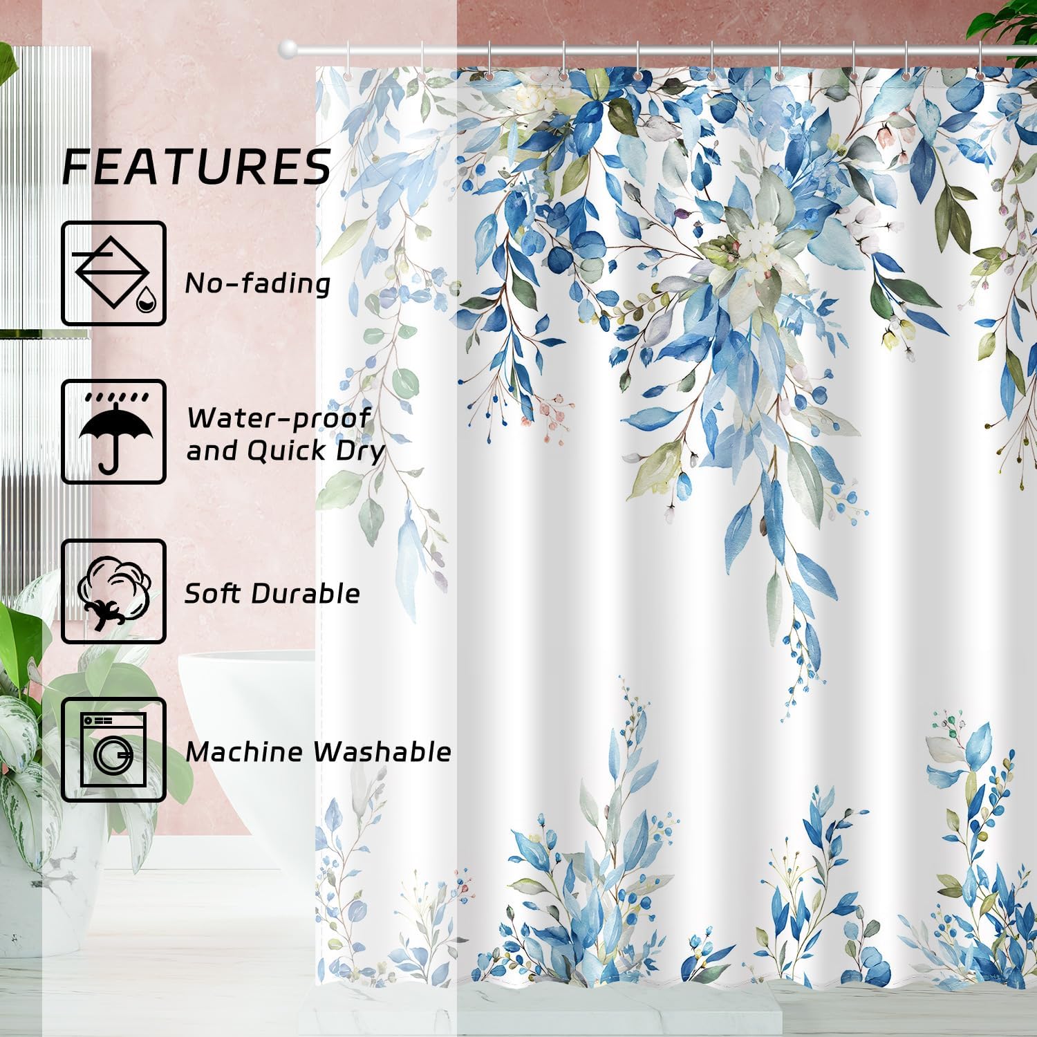 Blue Green Eucalyptus Leaves Shower Curtain Set