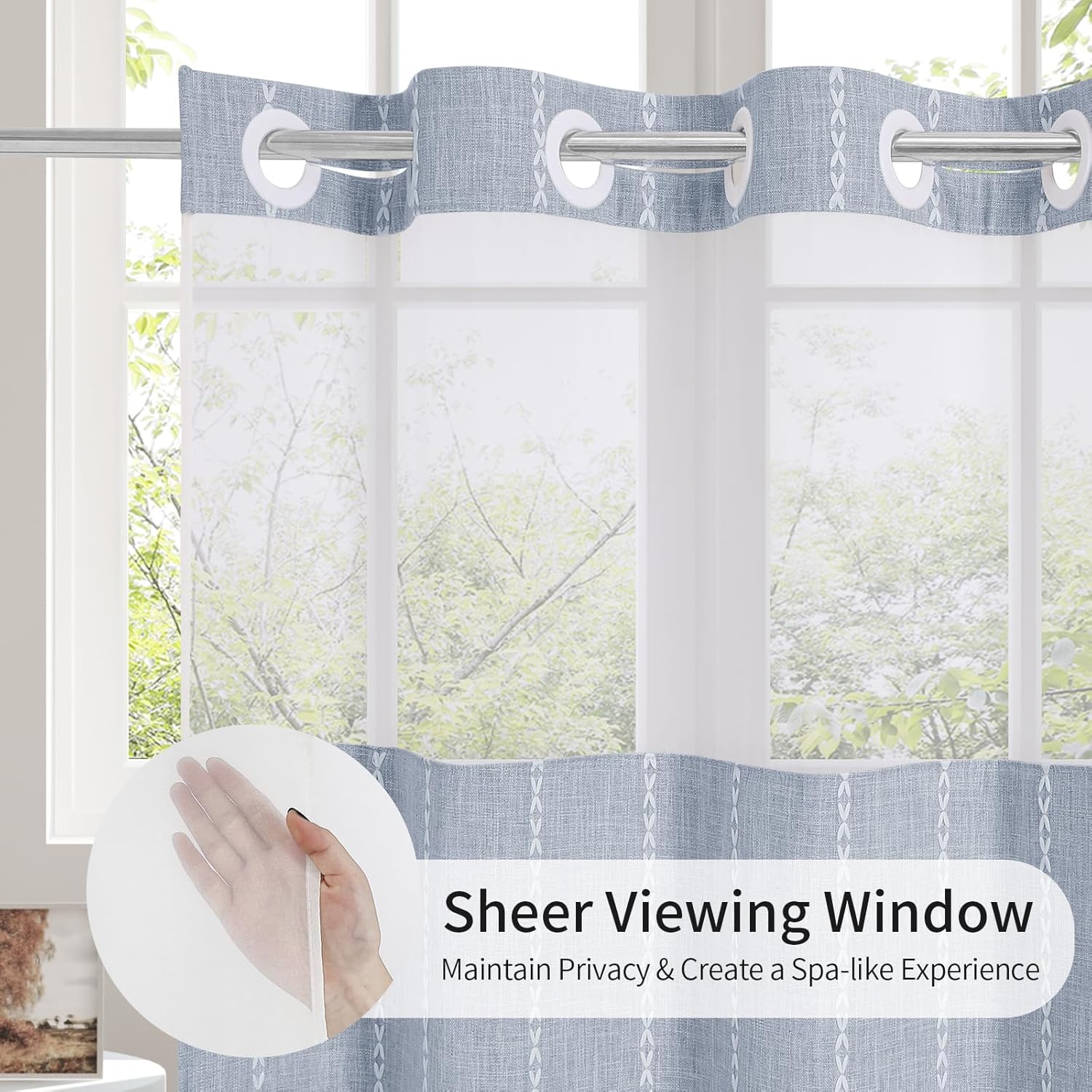 MitoVilla Farmhouse Shower Curtain Set with Window and Magnets - Blue 72 x 74