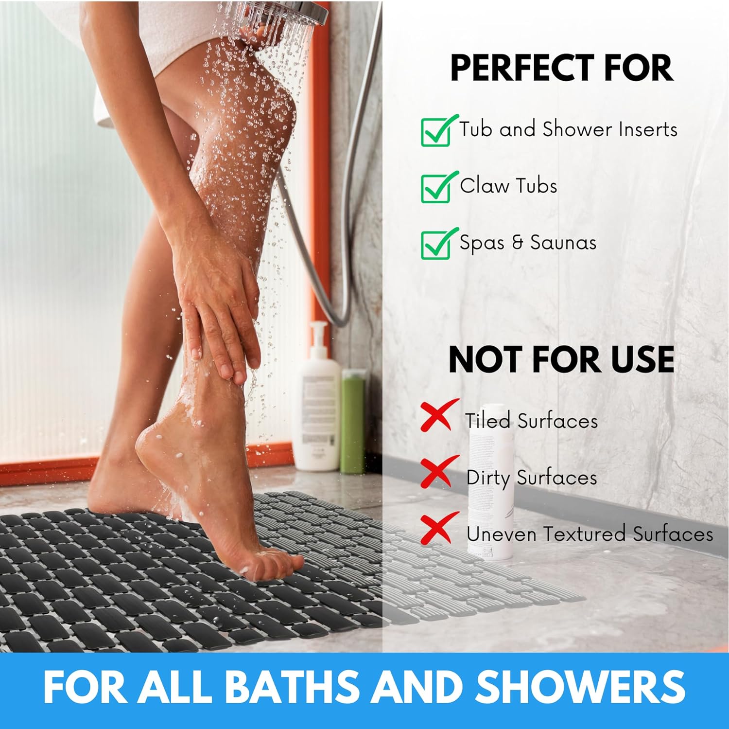Non-Slip Shower Mat with Suction Cups and Drain Holes