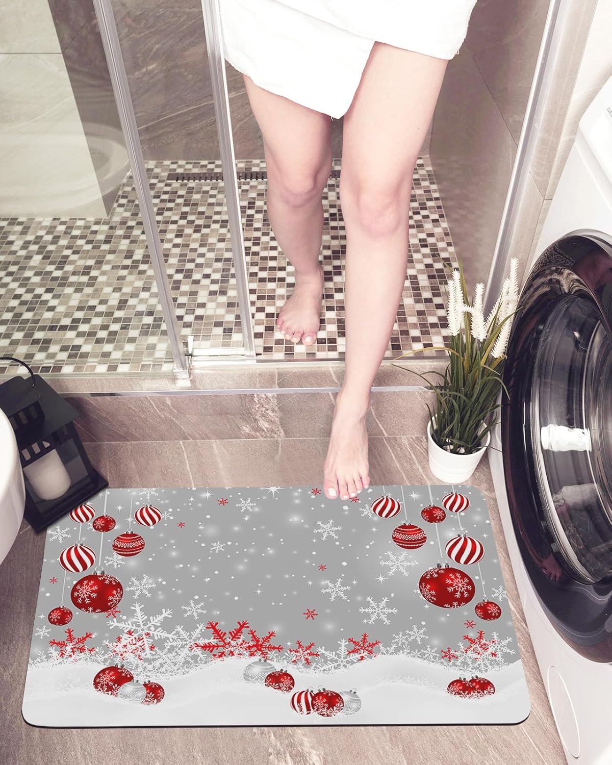 Merry Christmas Winter Snow Red Bath Mat Non-Slip
