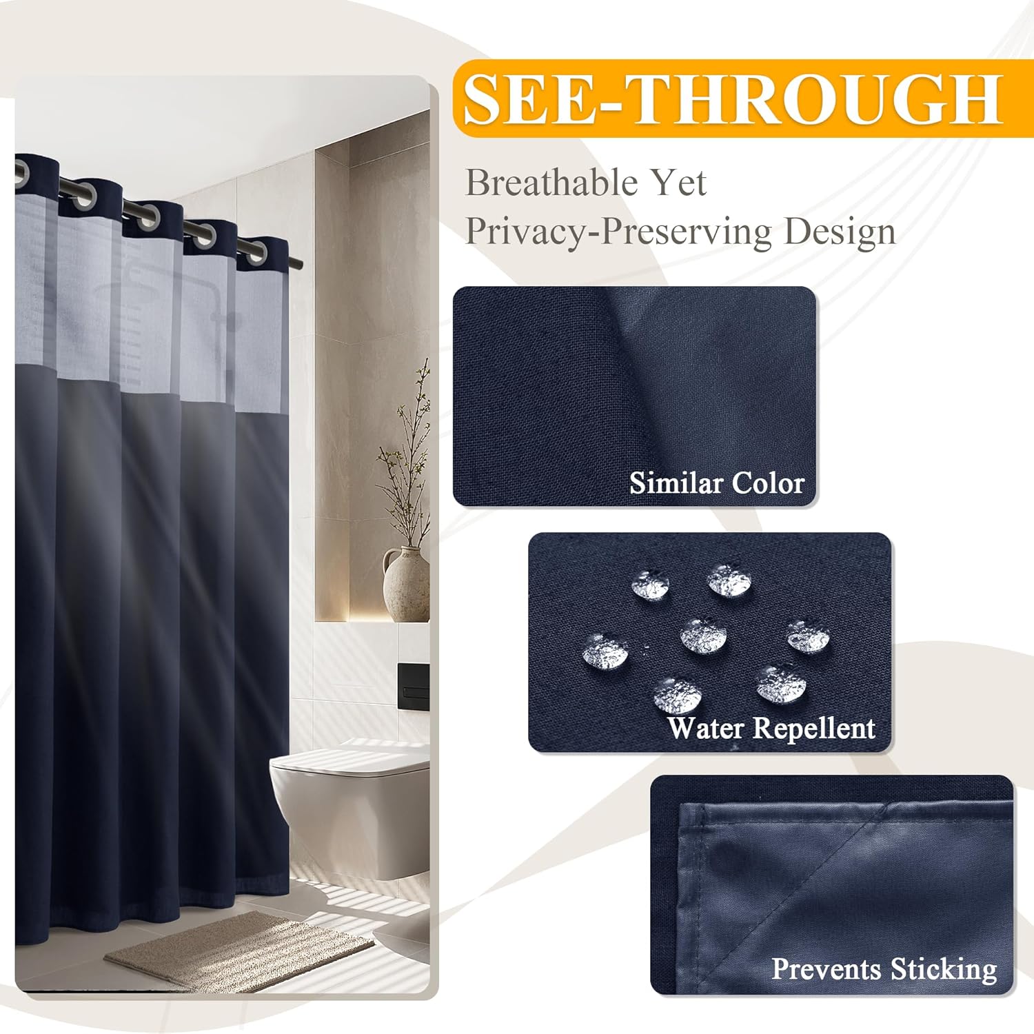 Jowels No Hooks Linen Shower Curtain Set Navy Blue