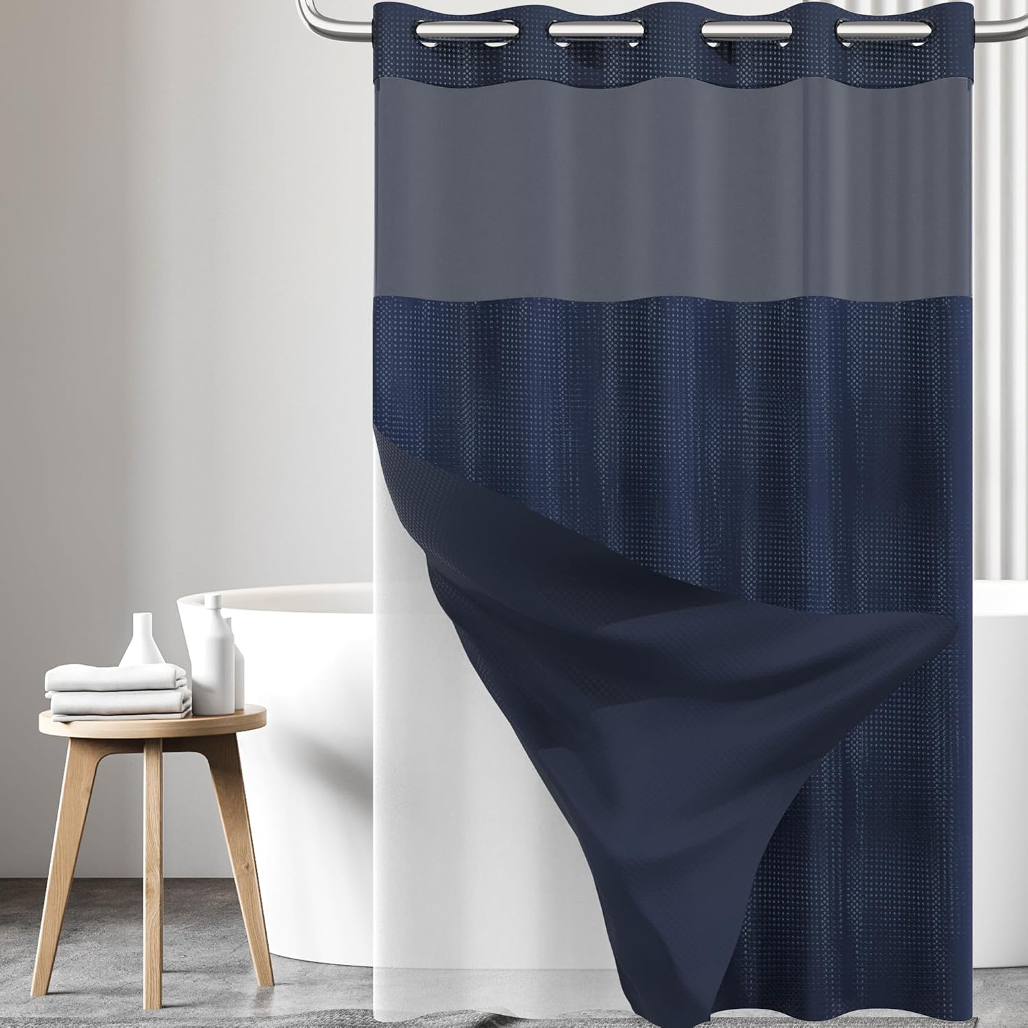 Numwot Dark Blue Shower Curtain Set with Snap-in Liner