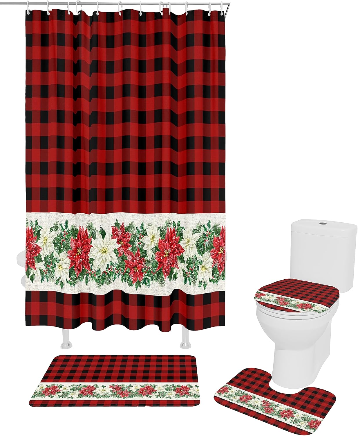 ZOE GARDEN Poinsettia Bathroom Set with Shower Curtain Rug and Hooks