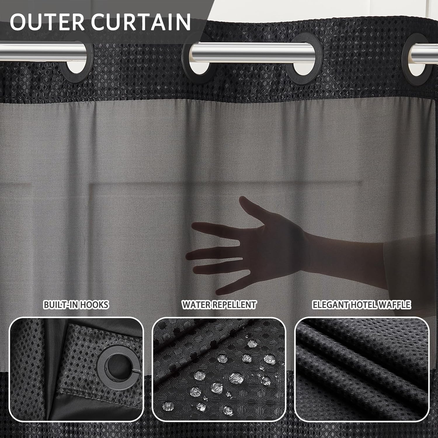Furlinic No Hook Shower Curtain with Detachable Liner Black 71x78 Inch