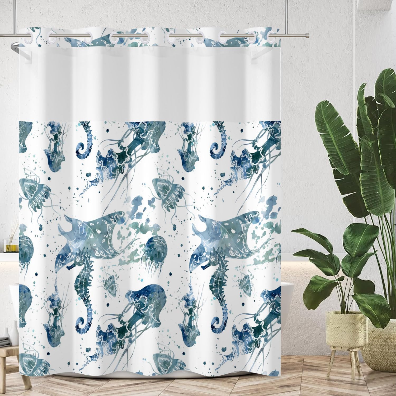 No Hook Shower Curtain with Snap Liner Set 71x74 Inch