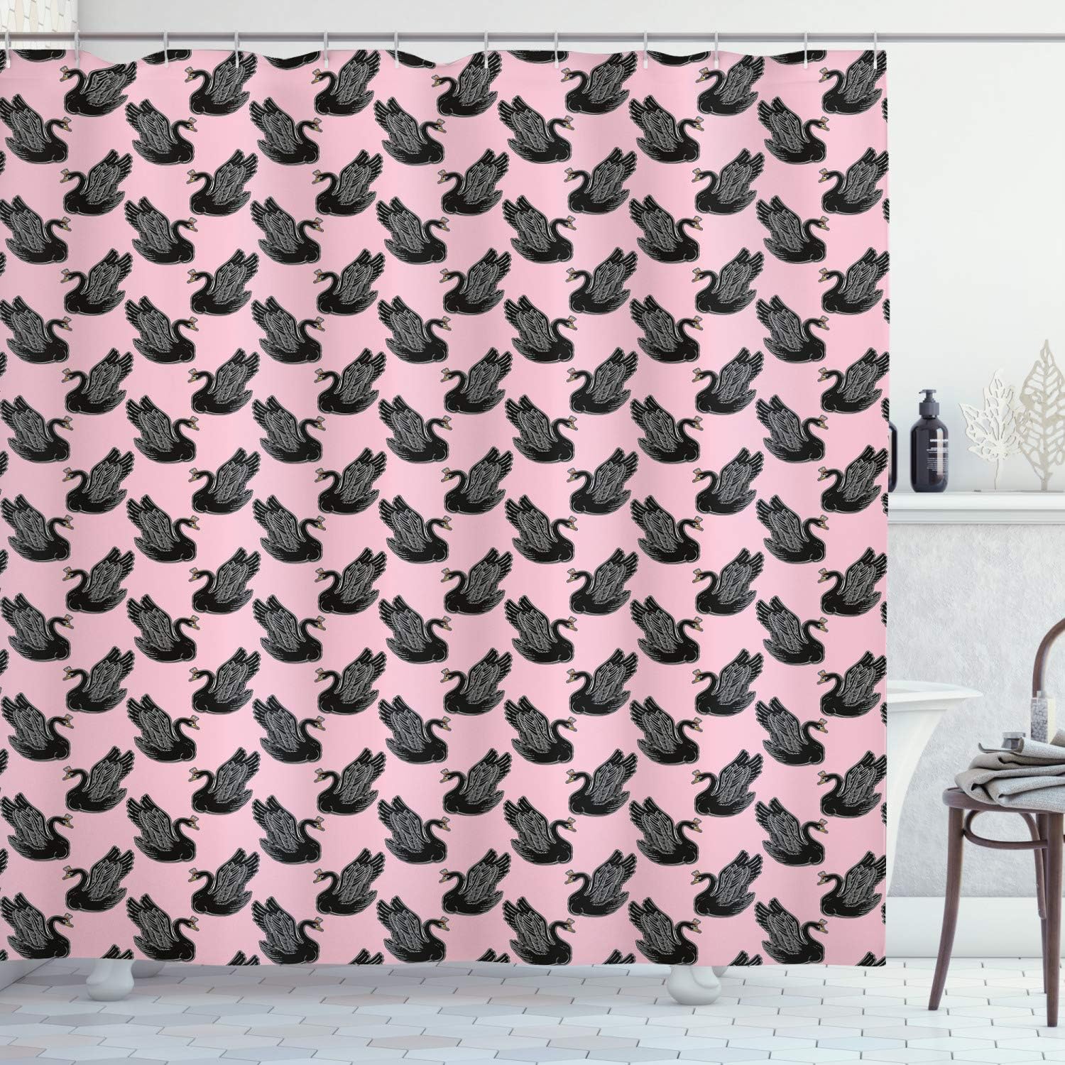 Ambesonne Swan Shower Curtain Set 69x70 Inches with 12 Hooks Pale Pink Black