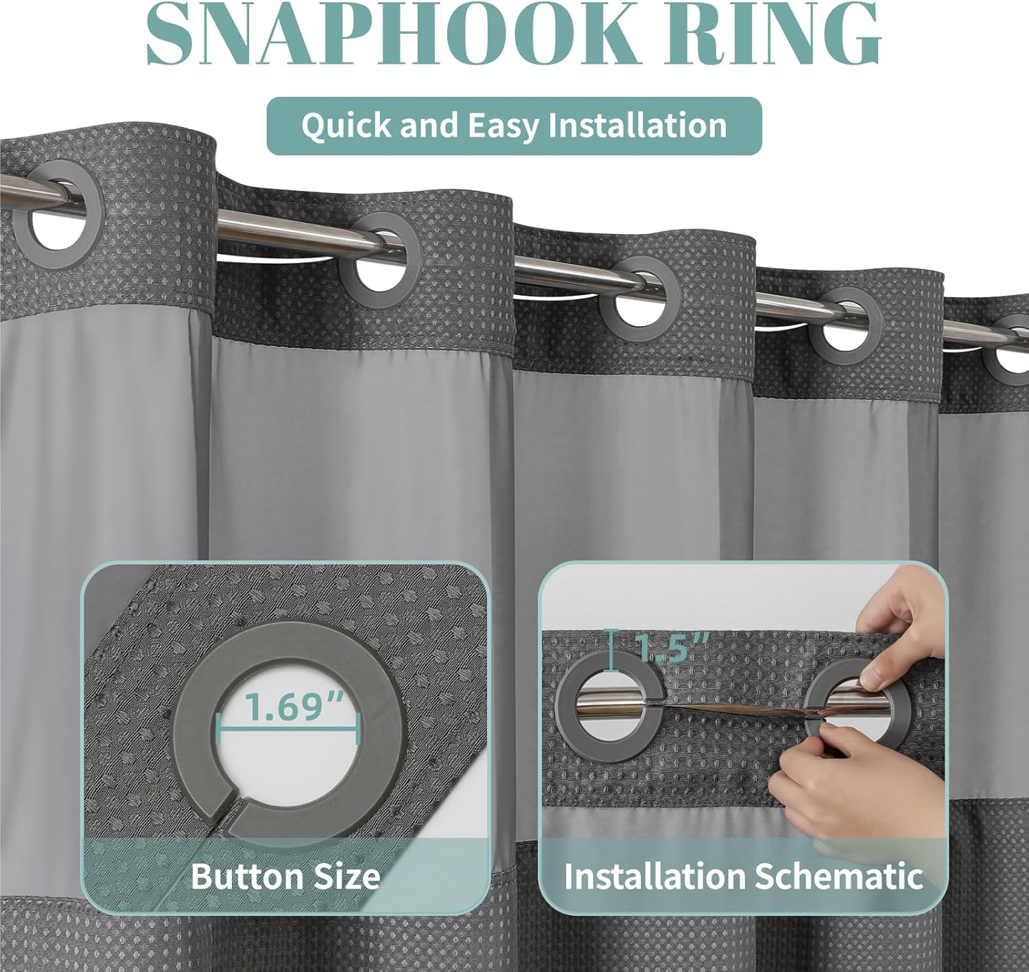 Charcoal Grey Waffle Weave Shower Curtain Set with Snap-In Liner 71x77 Inches