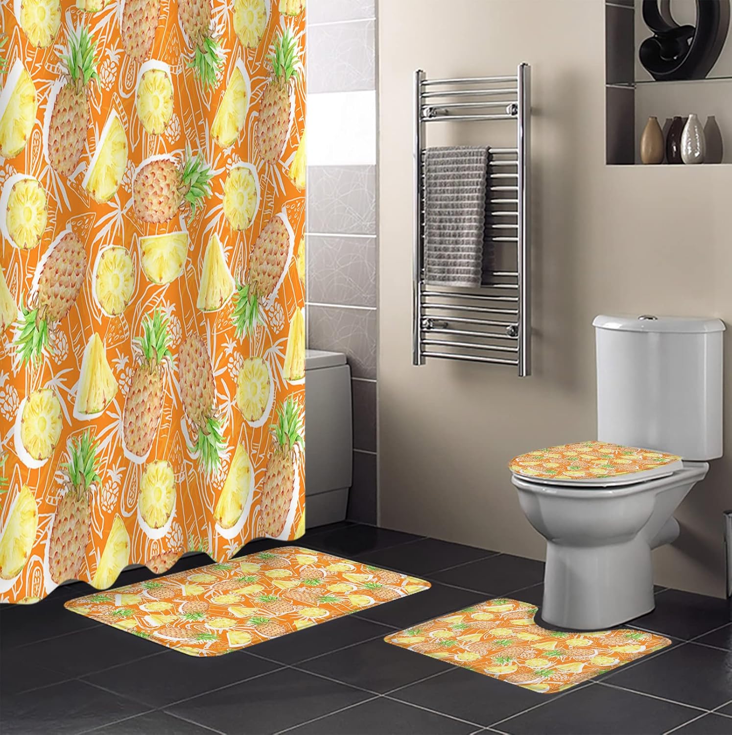 ZOE GARDEN Pineapple Bathroom Set with Curtain Rug and Hooks