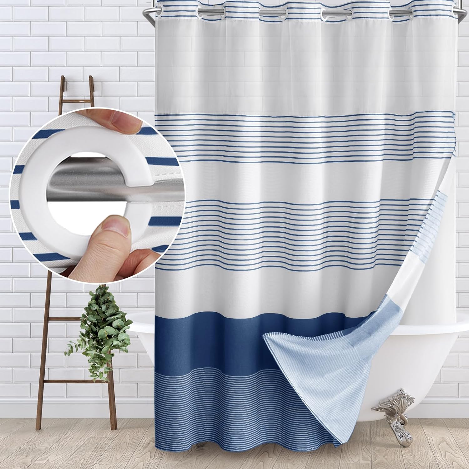 Awellife Boho Navy Striped Shower Curtain Set