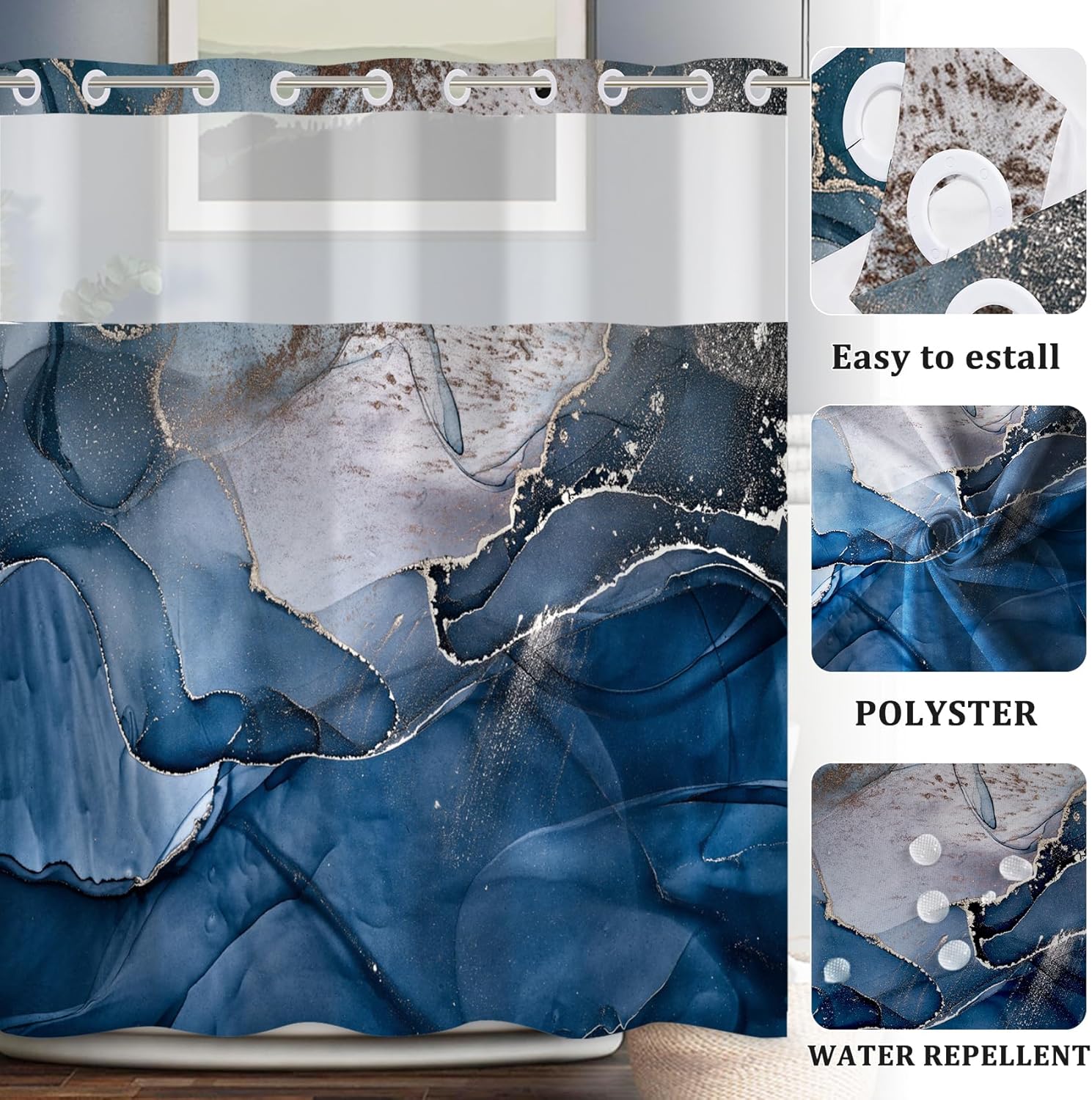 Baocicco Double Layer Blue Marble Shower Curtain Set