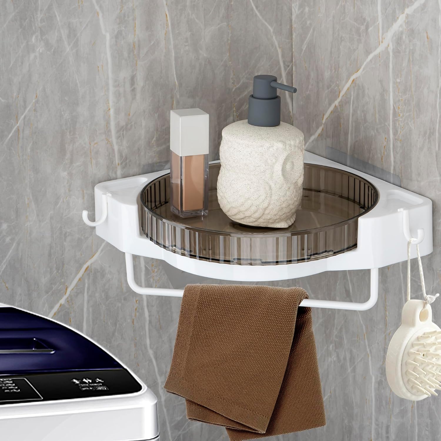 Rotating Corner Shower Caddy with Hooks and Towel Bar