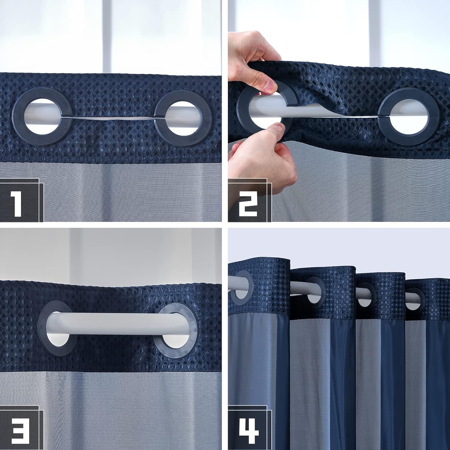 Furlinic No Hook Waffle Shower Curtain Set Navy Blue 36x72 Inch