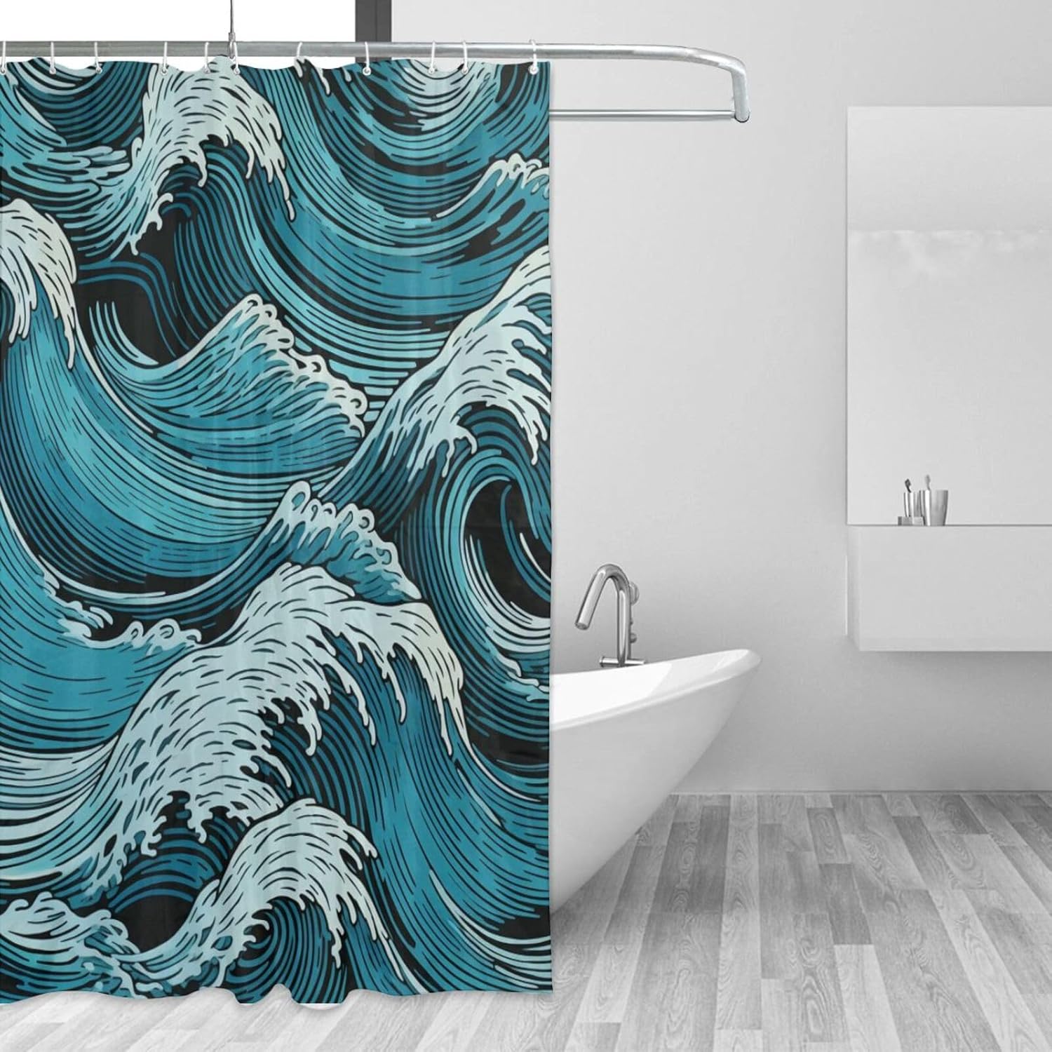 Blue Wave Shower Curtain with 12 Hooks 72x72in