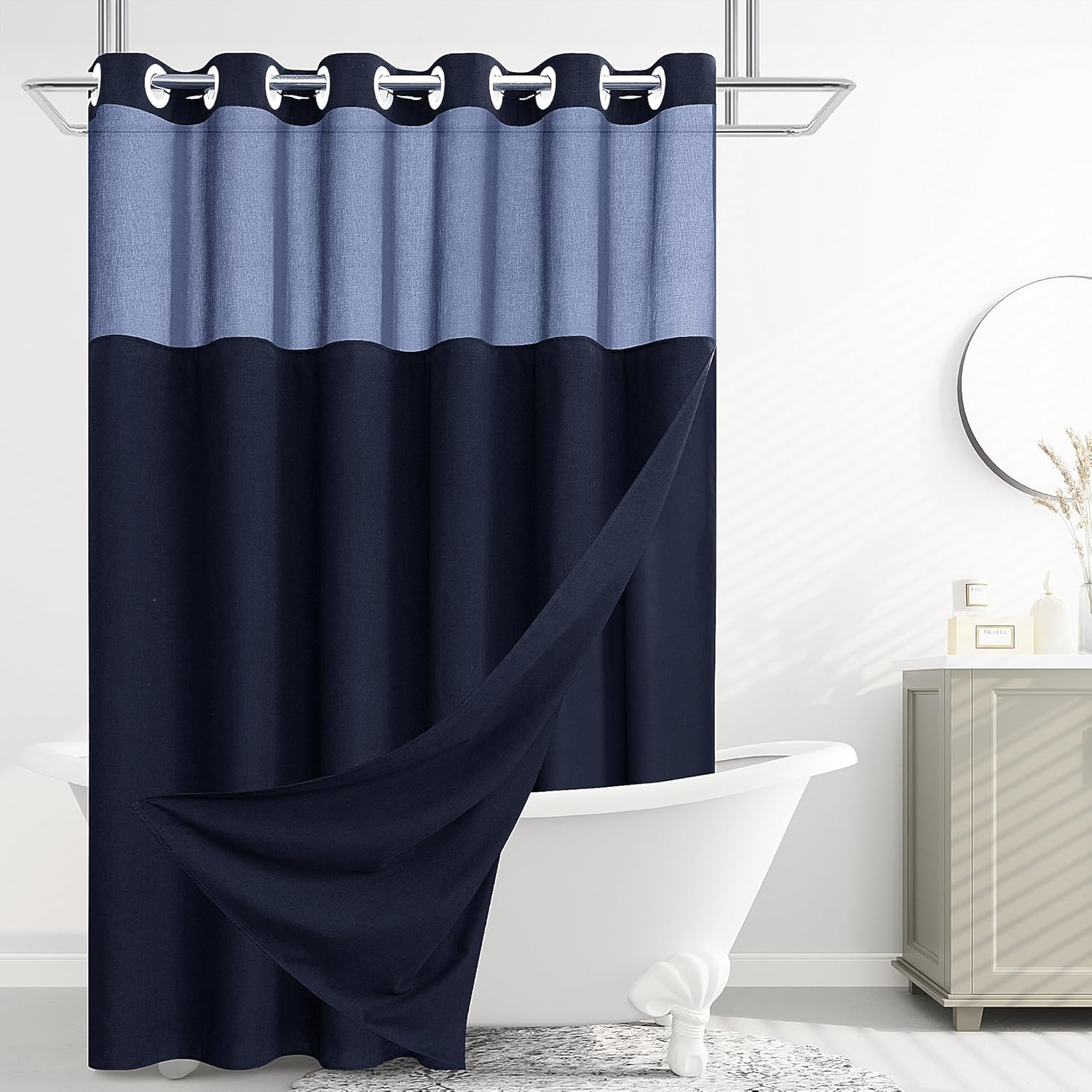 Jowels No Hooks Linen Shower Curtain Set Navy Blue