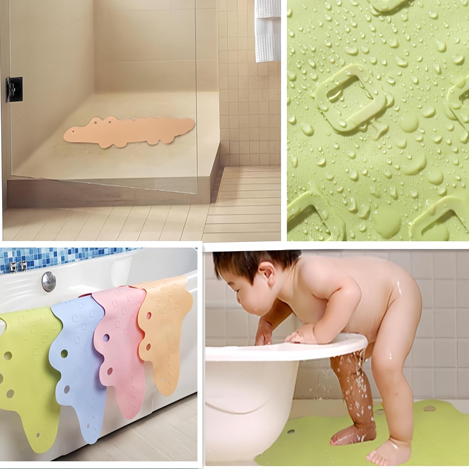 Non Slip Bathtub Mat with Suction Cups Green Cartoon Alligator Pattern
