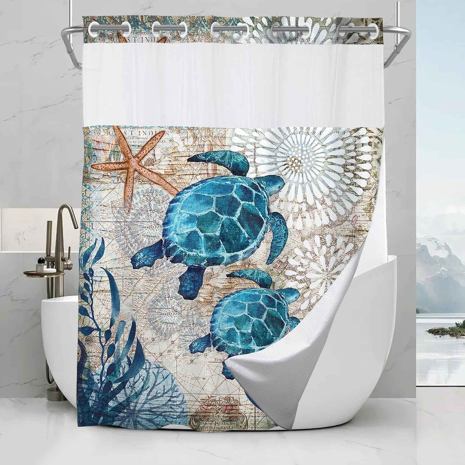 Final Friday Green and Teal Sea Turtle Shower Curtain Set