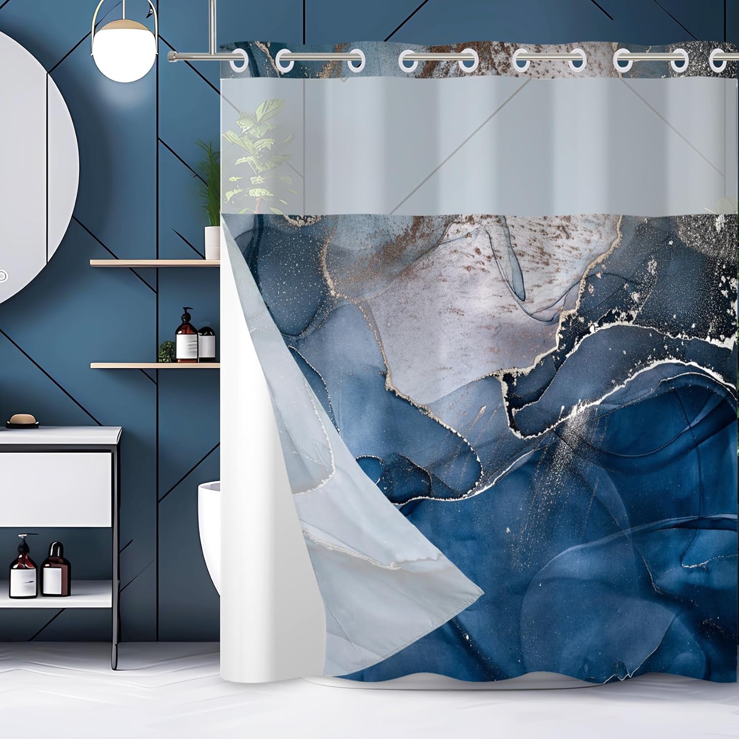 Baocicco Double Layer Blue Marble Shower Curtain Set