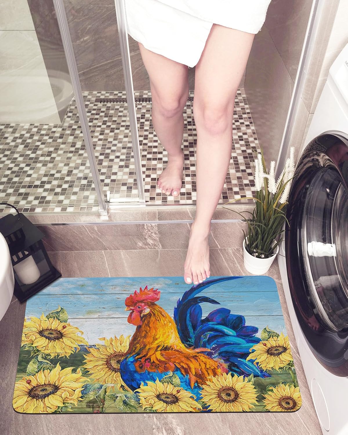 Rooster Sunflower Farm Wooden Bath Mat 32x20In Non-Slip
