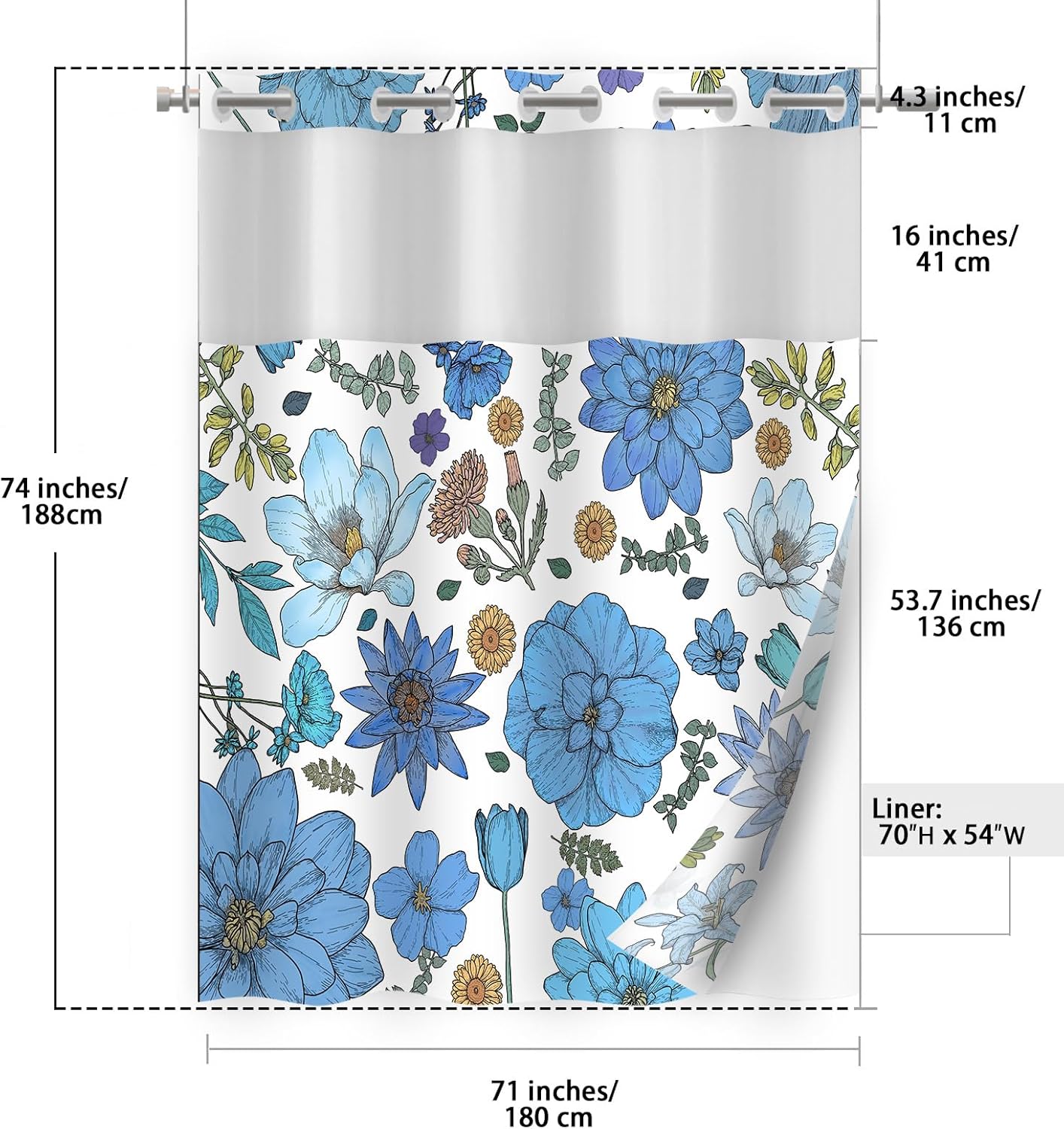 Boho Floral Shower Curtain Set with Snap Liner Blue and White