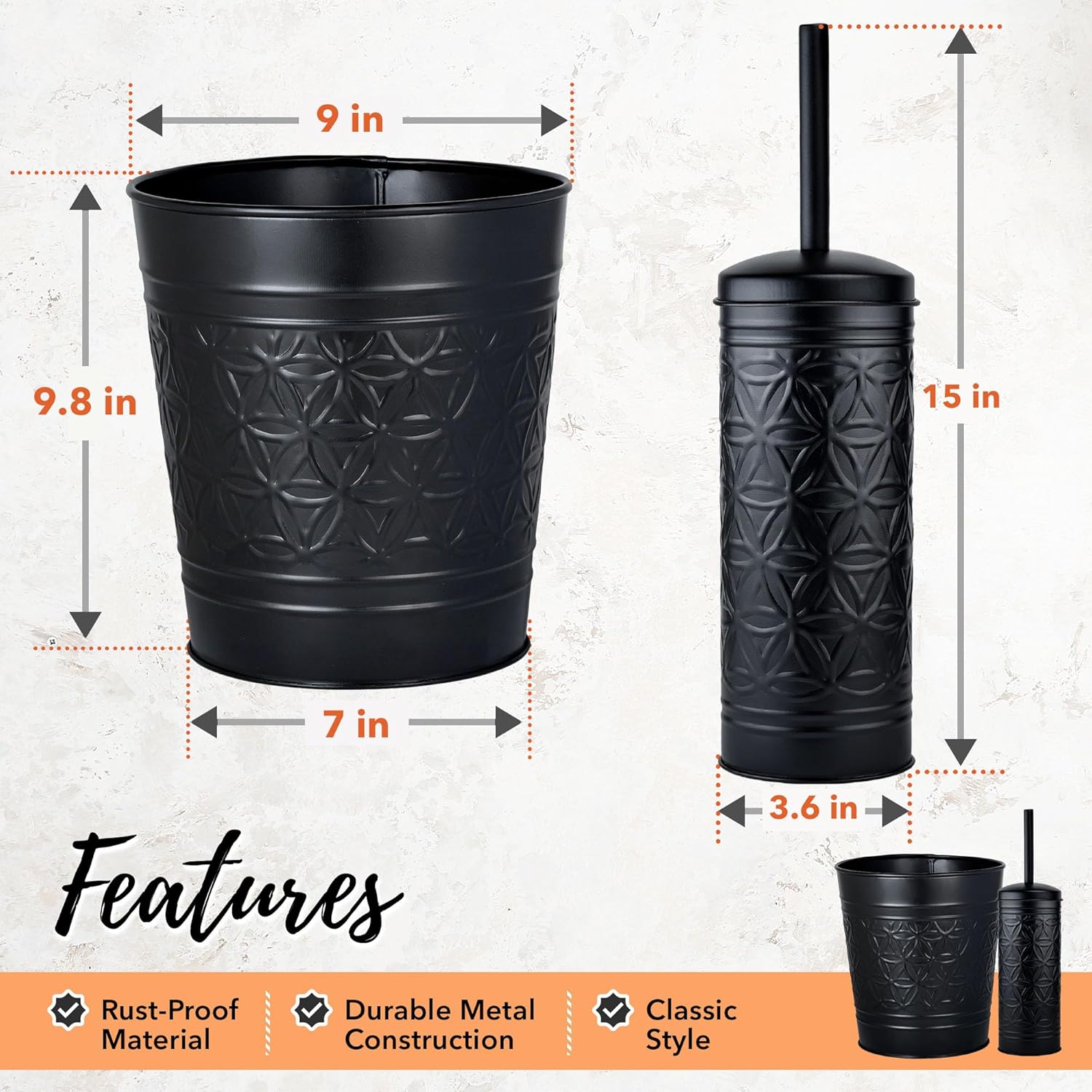 Autumn Alley Matte Black Toilet Brush and Trash Can Set