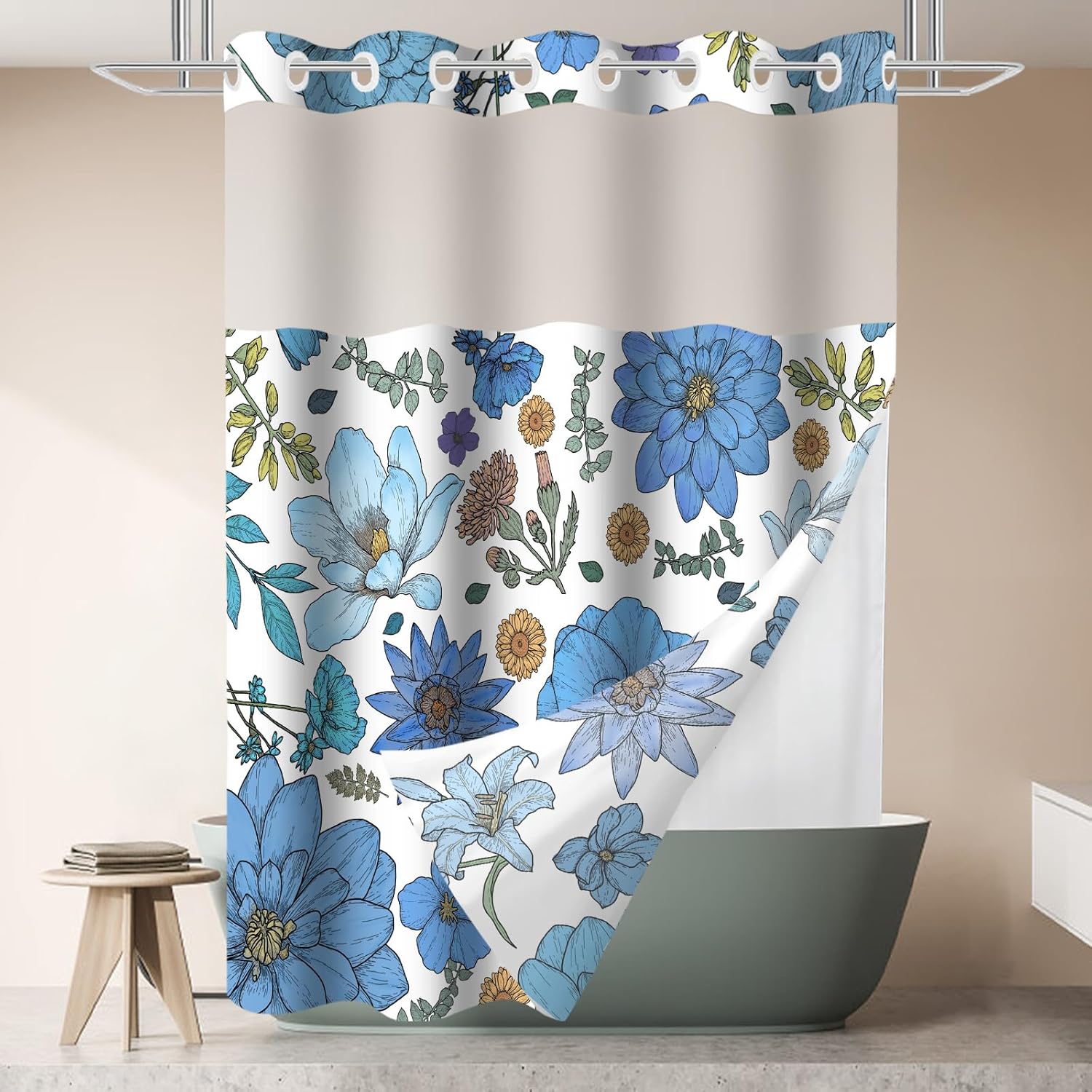 Boho Floral Shower Curtain Set with Snap Liner Blue and White