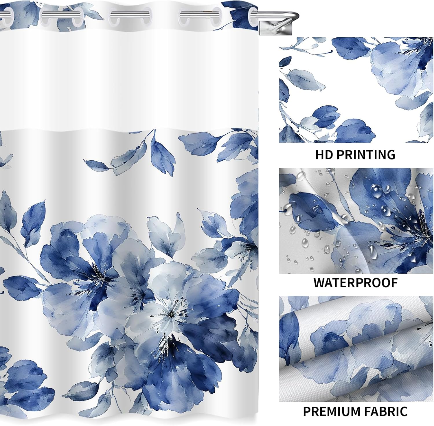 Uhexoyo Modern Abstract Navy Blue Flower Shower Curtain Set