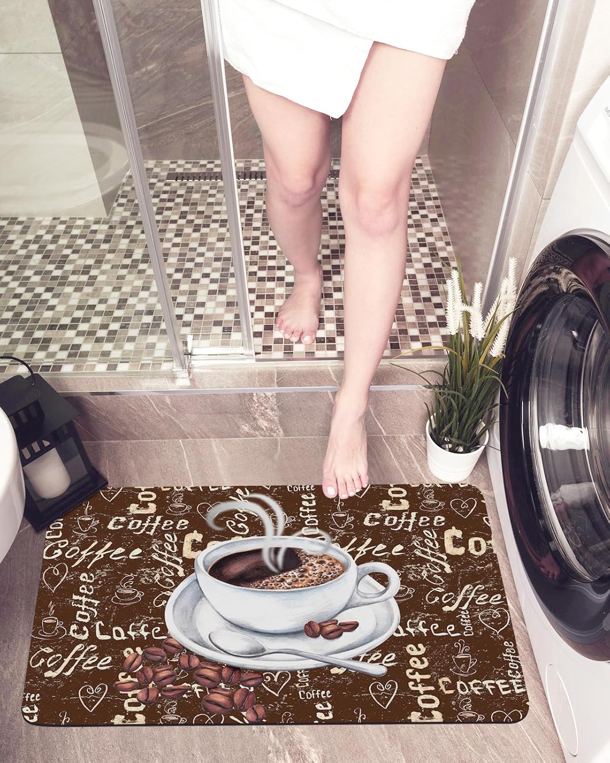 Coffee Beans White Cup Love Hearts Bath Mat