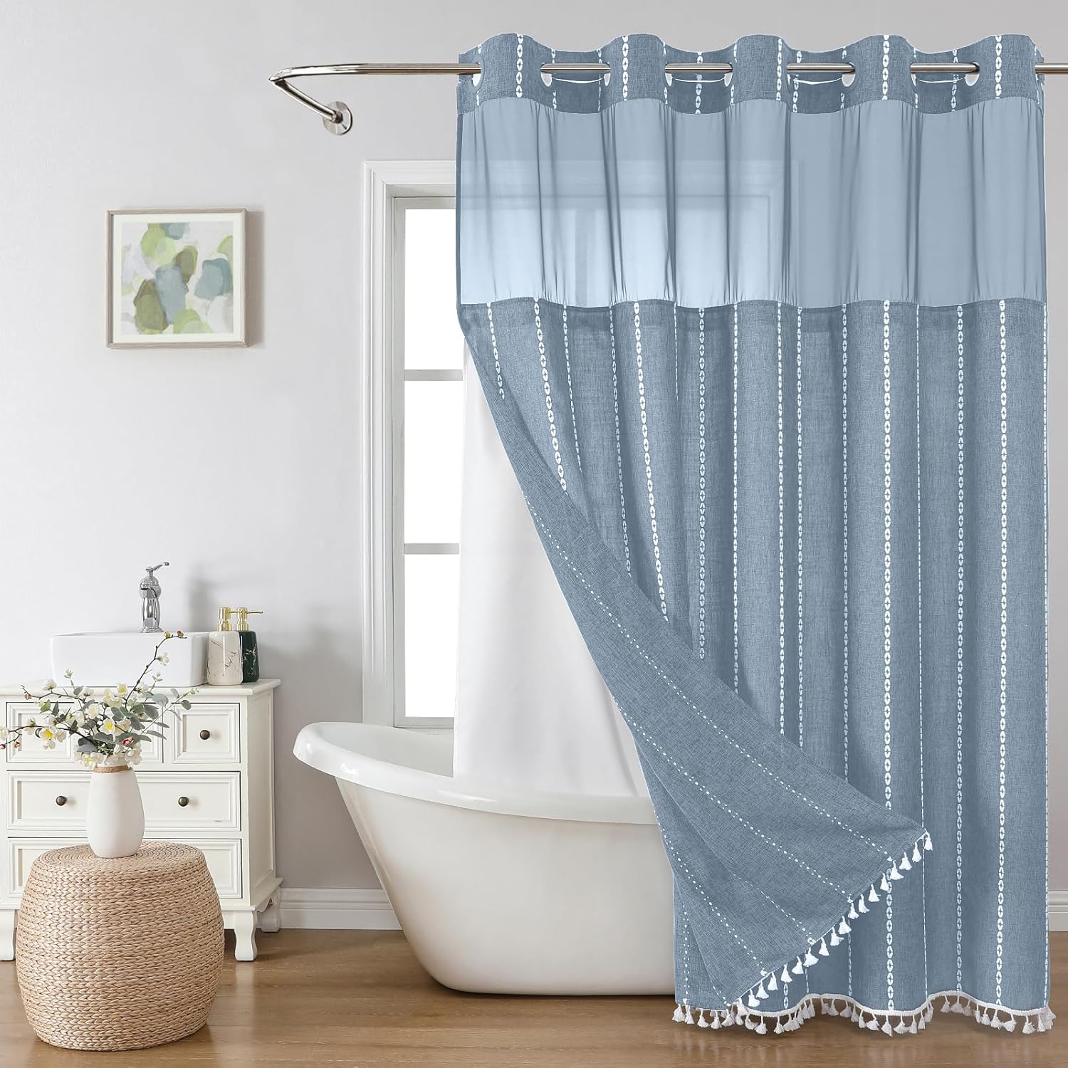Eachope No Hook Shower Curtain Set with Tassels Blue 71x86