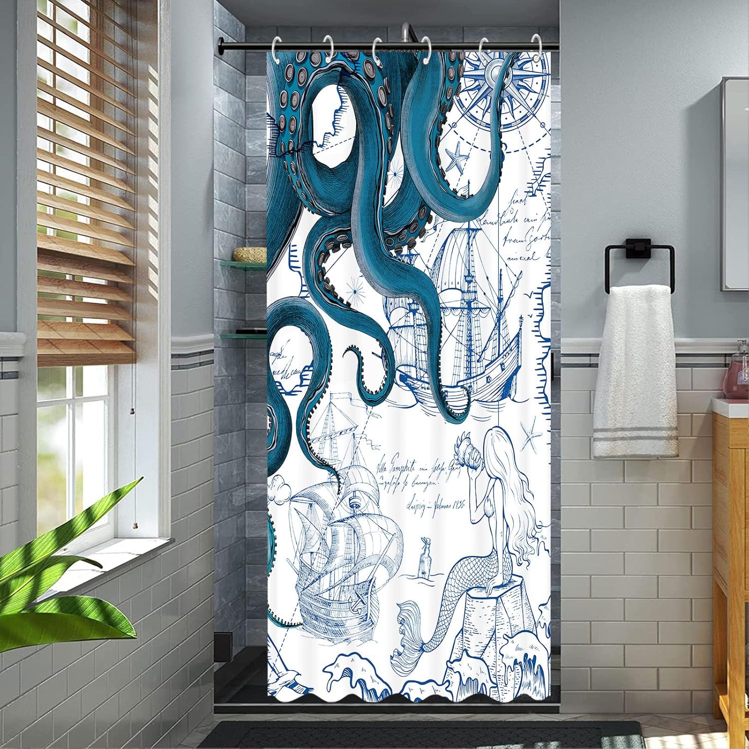 Fungarth Nautical Octopus Shower Curtain Blue 36x72
