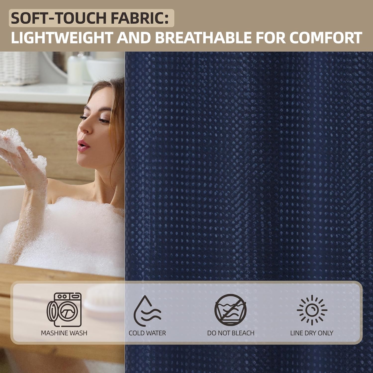 Numwot Dark Blue Shower Curtain Set with Snap-in Liner