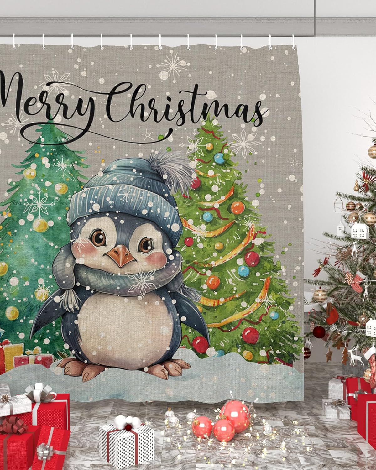 Christmas Penguin Bathroom Set with Shower Curtain and Rug
