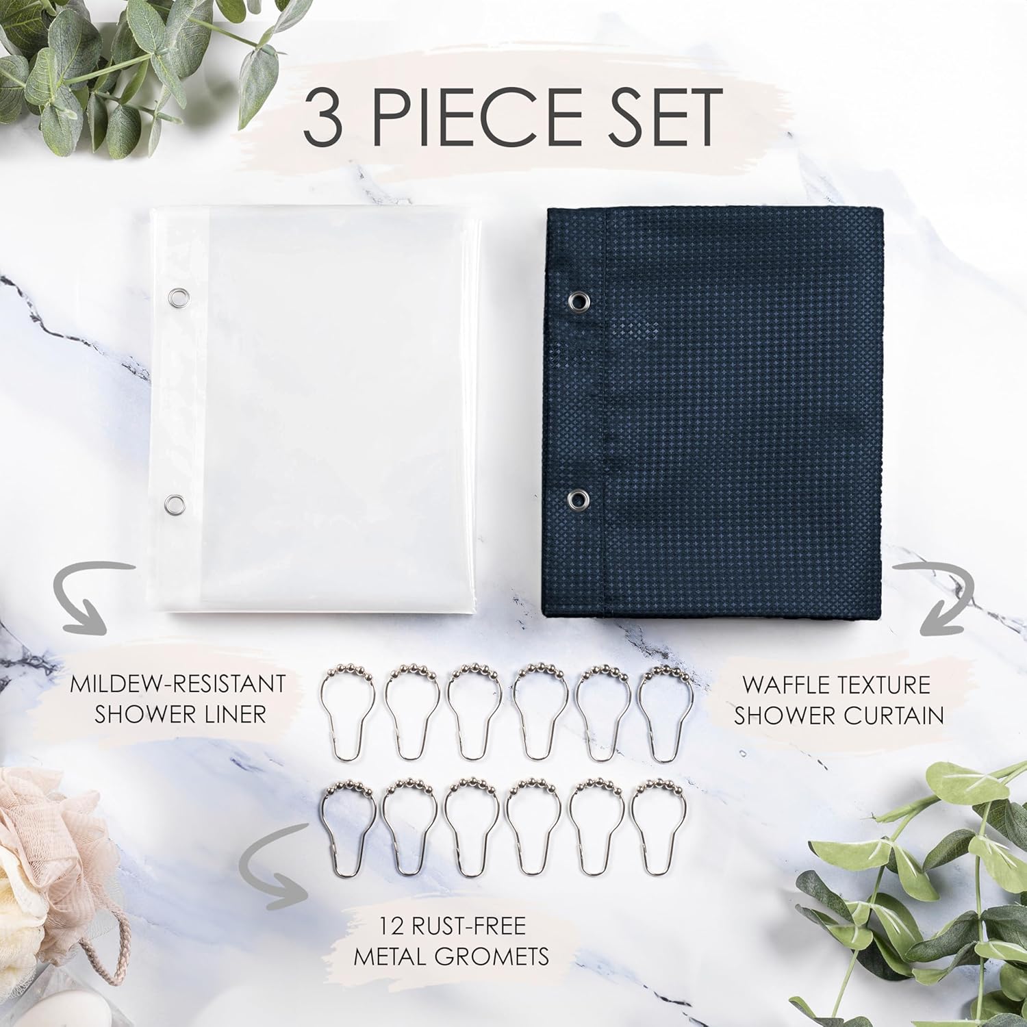NEATERIZE 3 in 1 Shower Curtain Set - Navy 72x84