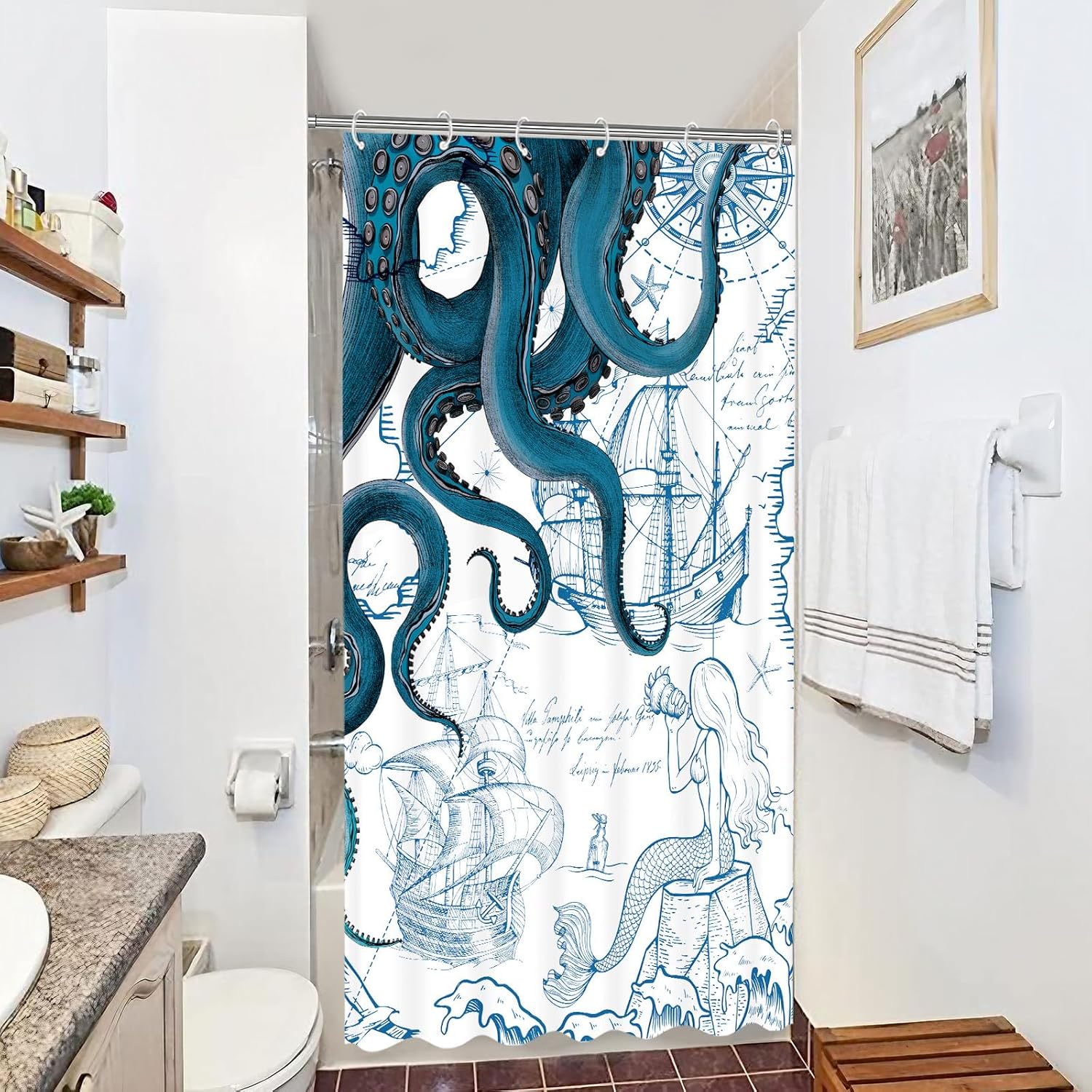 Fungarth Nautical Octopus Shower Curtain Blue 36x72