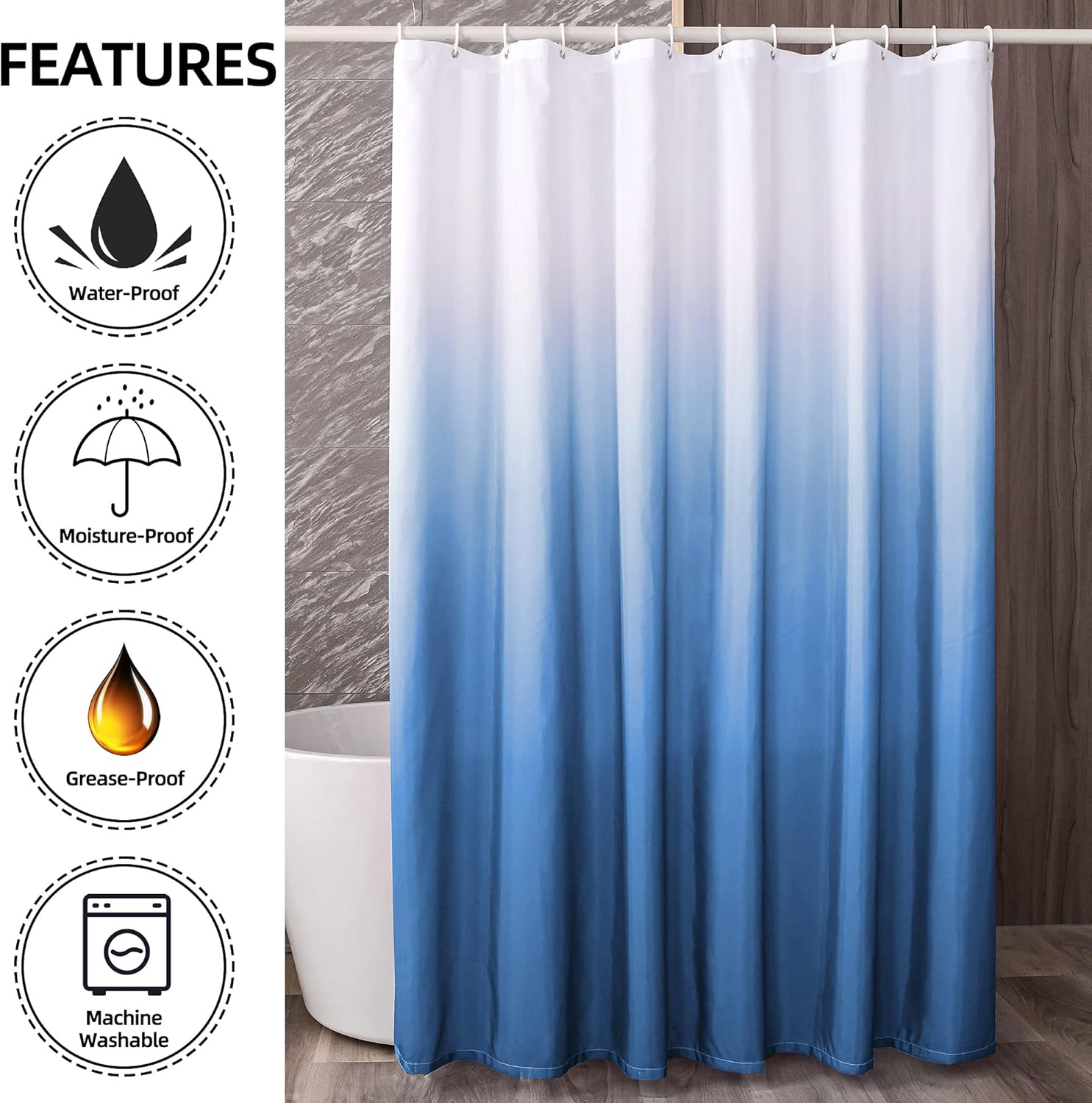 YI ZE Ombre Shower Curtain Set Navy Blue 72x72
