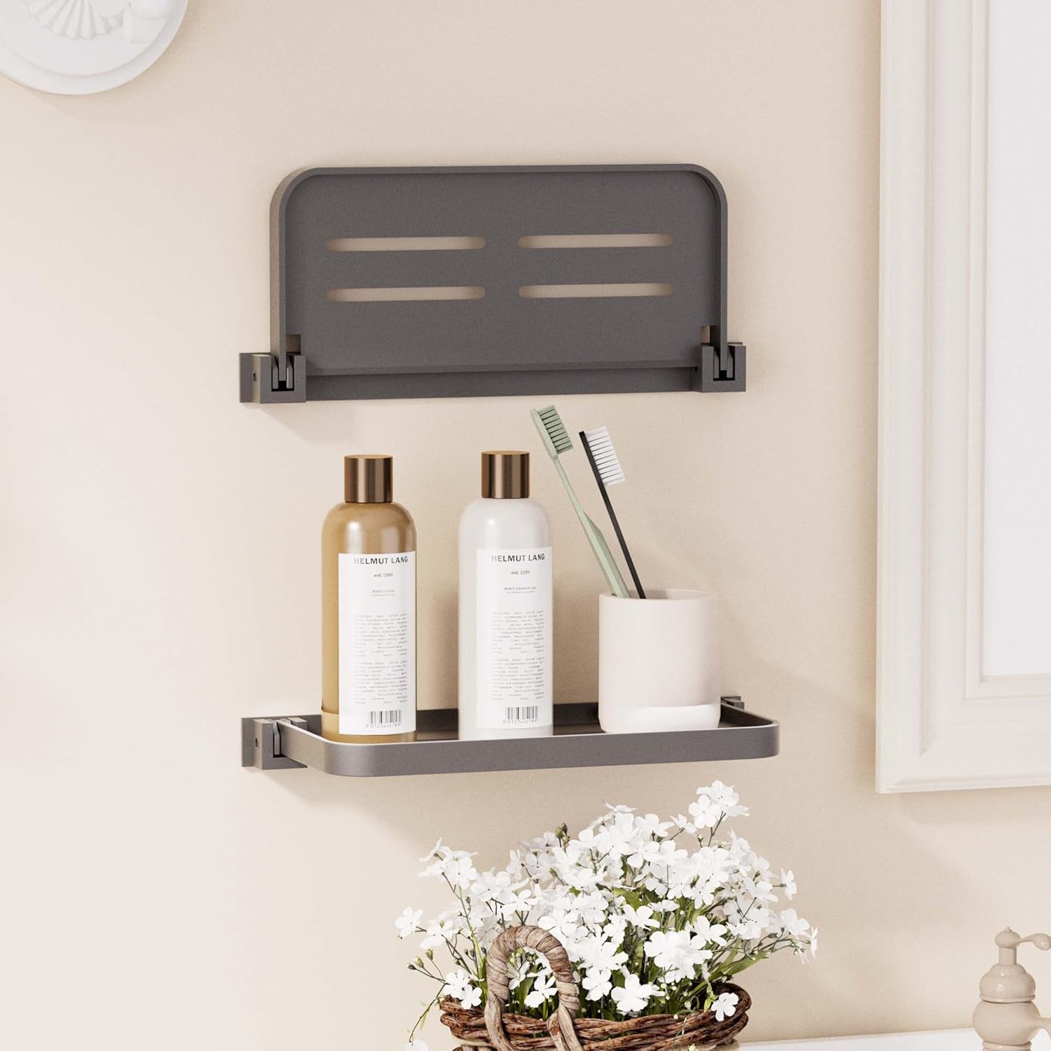 2 Pack Folding Wall Shelf for Bathroom Waterproof Aluminum 12 Inch Grey