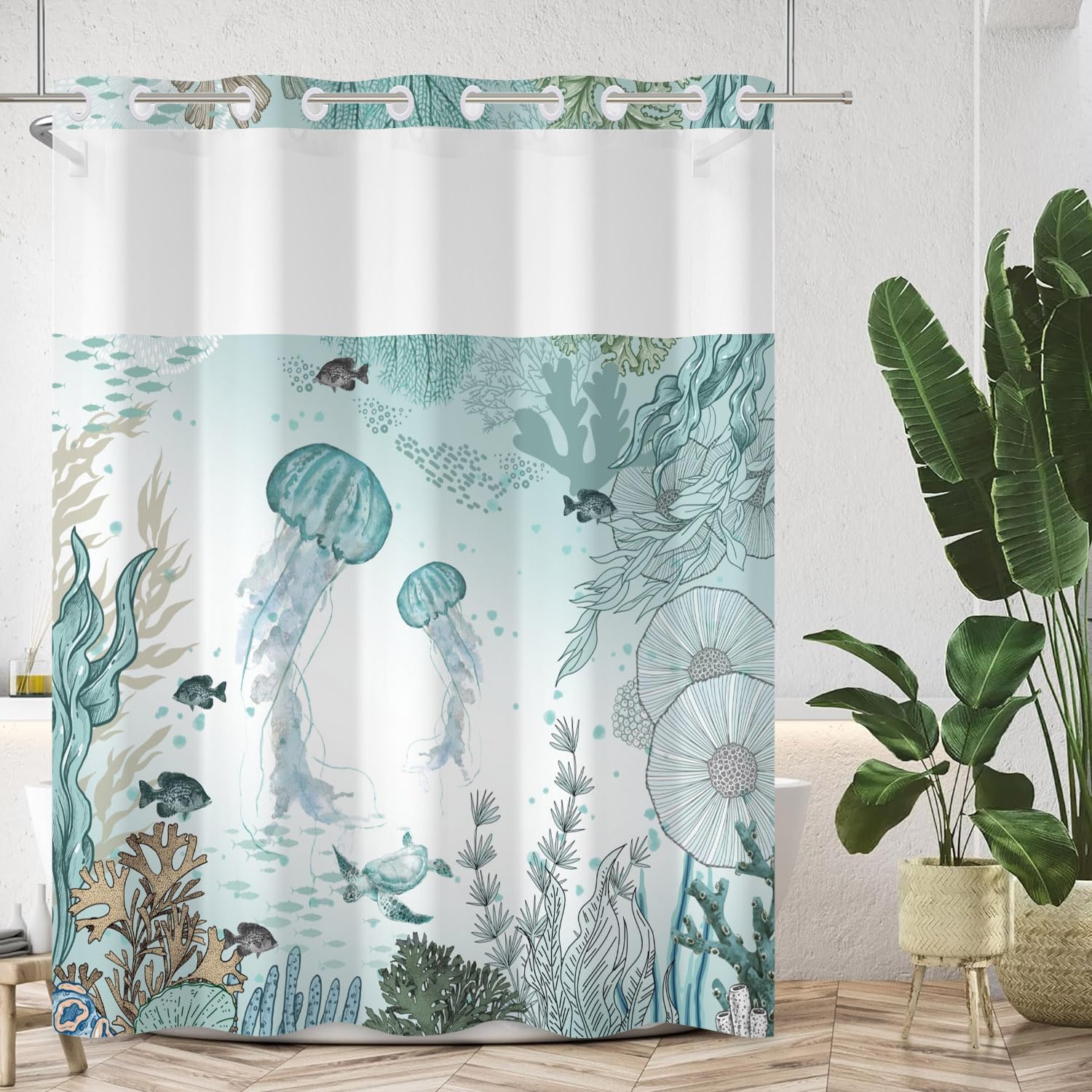 No Hook Jellyfish Shower Curtain Set with Snap-in Liner and Double Layer