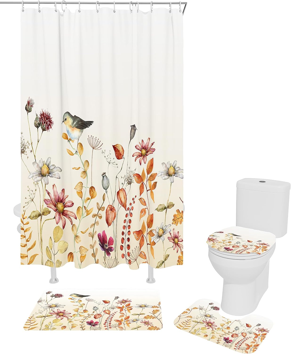 ZOE GARDEN Fall Flower Bird Bathroom Set with Curtain and Rug