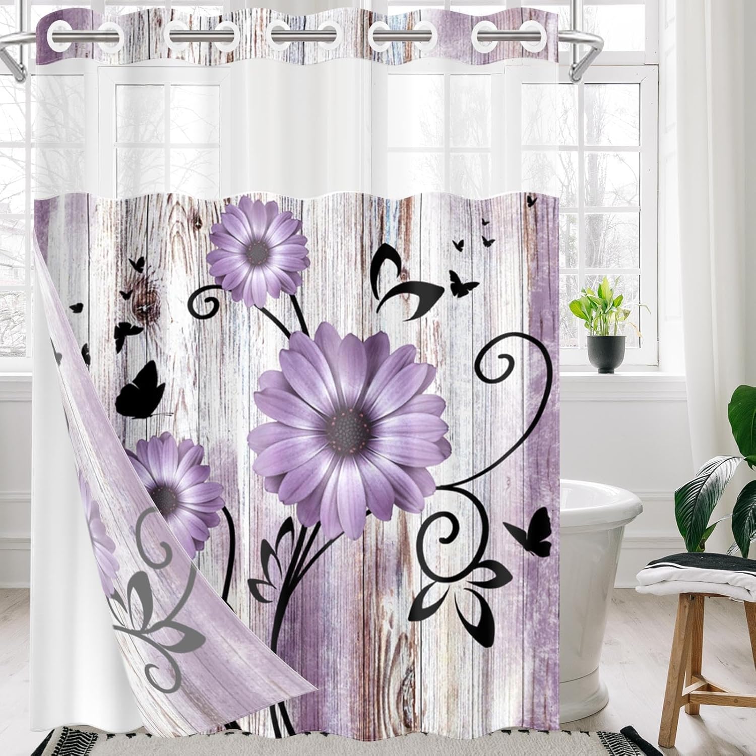 Nesphy Purple Flower Shower Curtain Set with Snap Lining 1