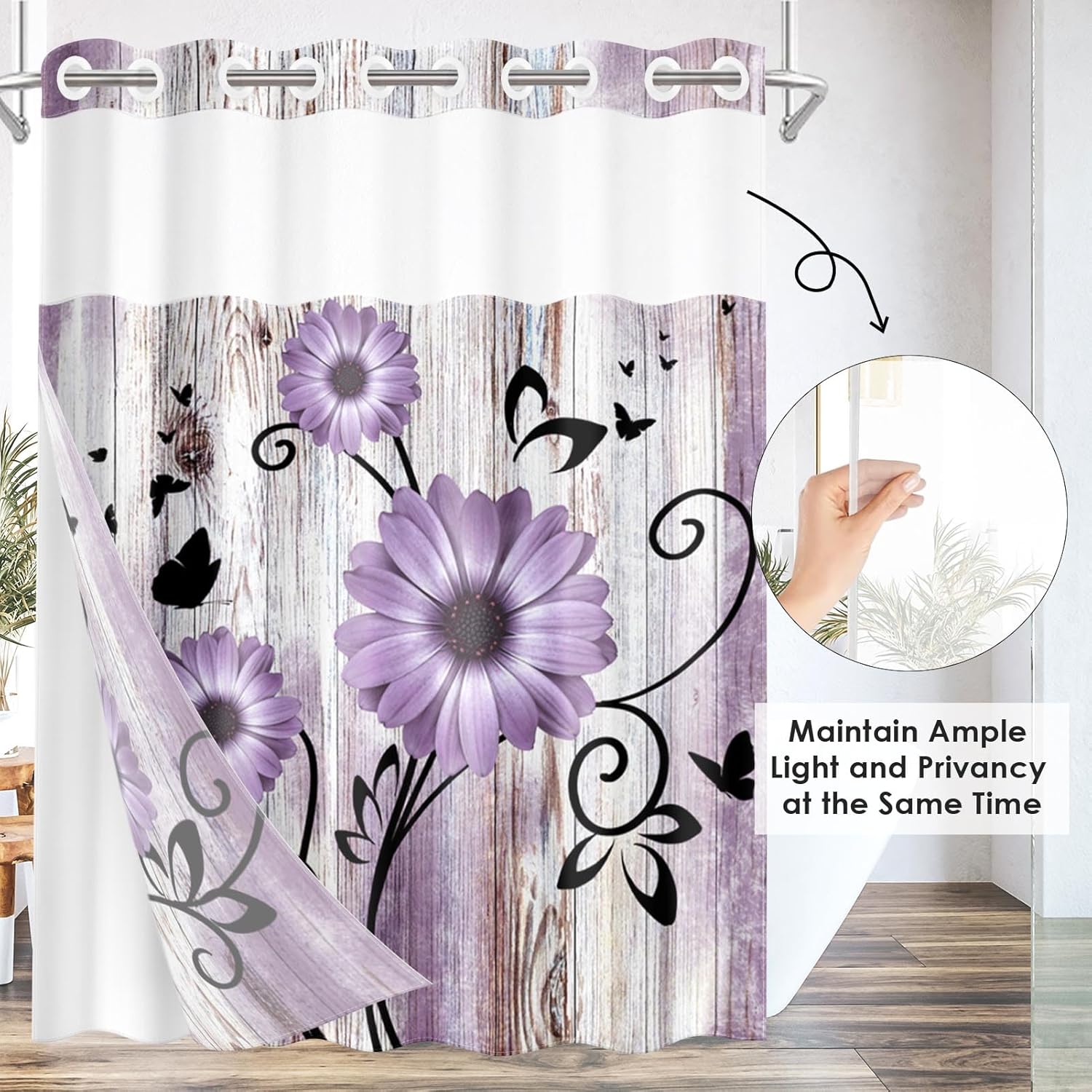 Nesphy Purple Flower Shower Curtain Set with Snap Lining 1