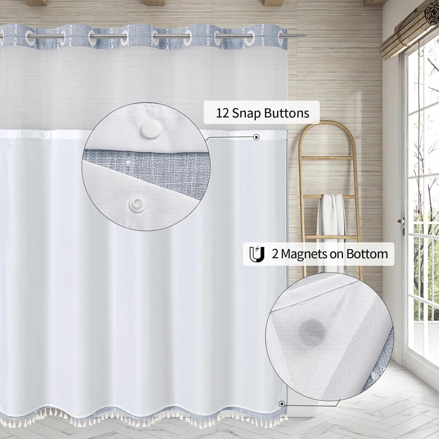 MitoVilla Farmhouse Shower Curtain Set with Window and Magnets - Blue 72 x 74