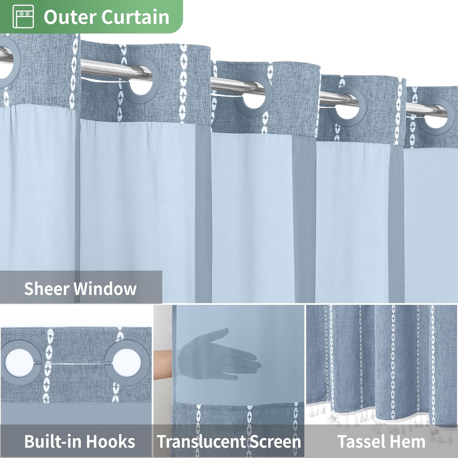 Eachope No Hook Shower Curtain Set with Tassels Blue 71x86