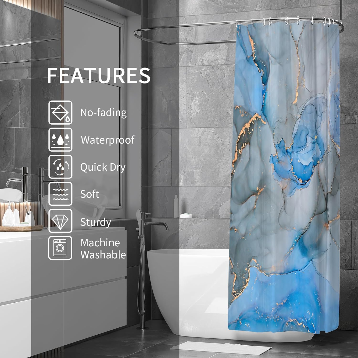 Gibelle Abstract Blue Grey Marble Shower Curtain Set 71x71