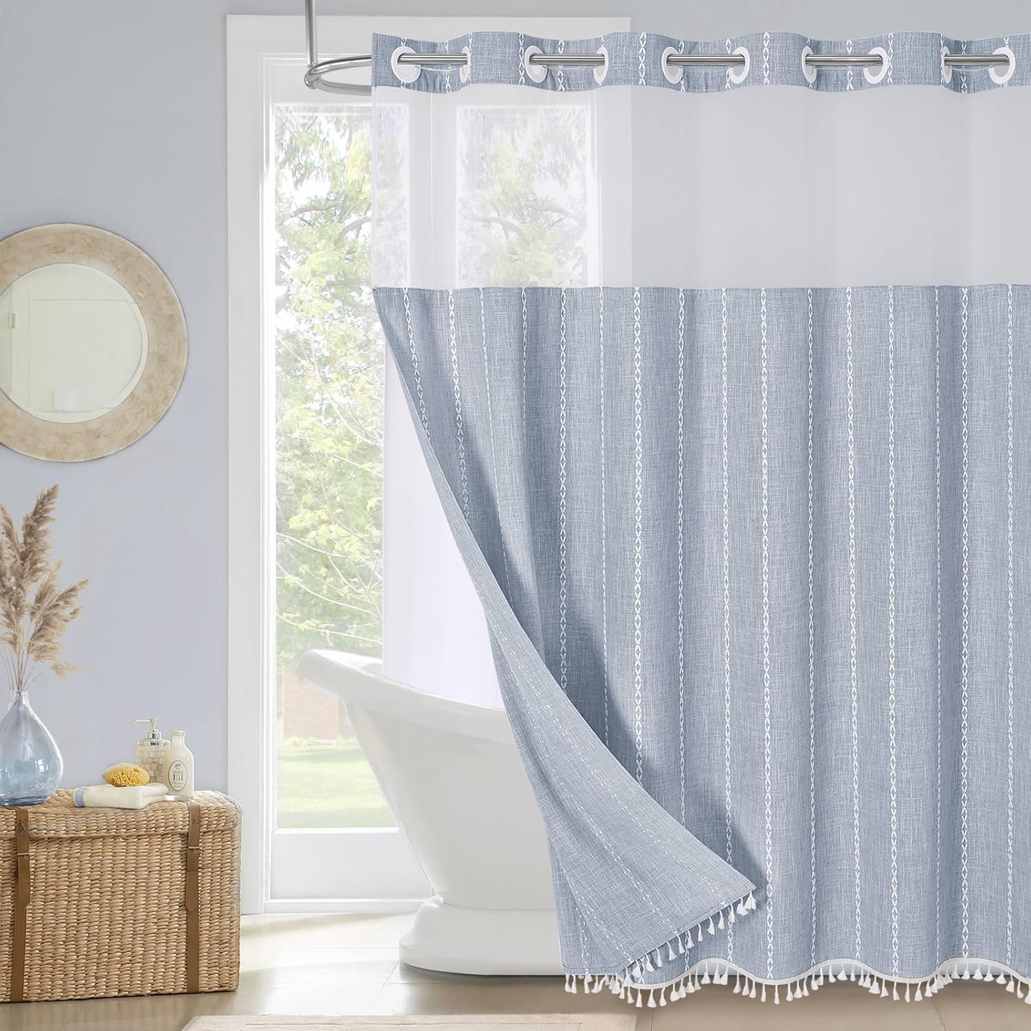 MitoVilla Farmhouse Shower Curtain Set with Window and Magnets - Blue 72 x 74