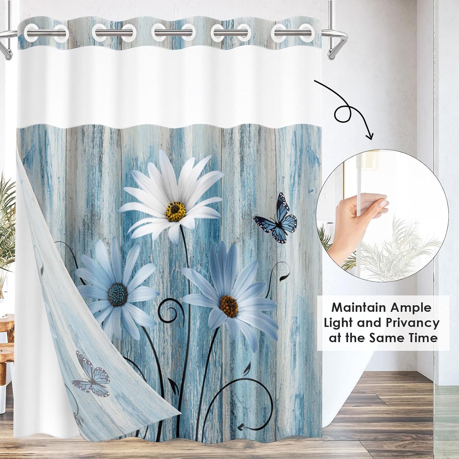 Nesphy No Hook Blue Daisy Shower Curtain Set