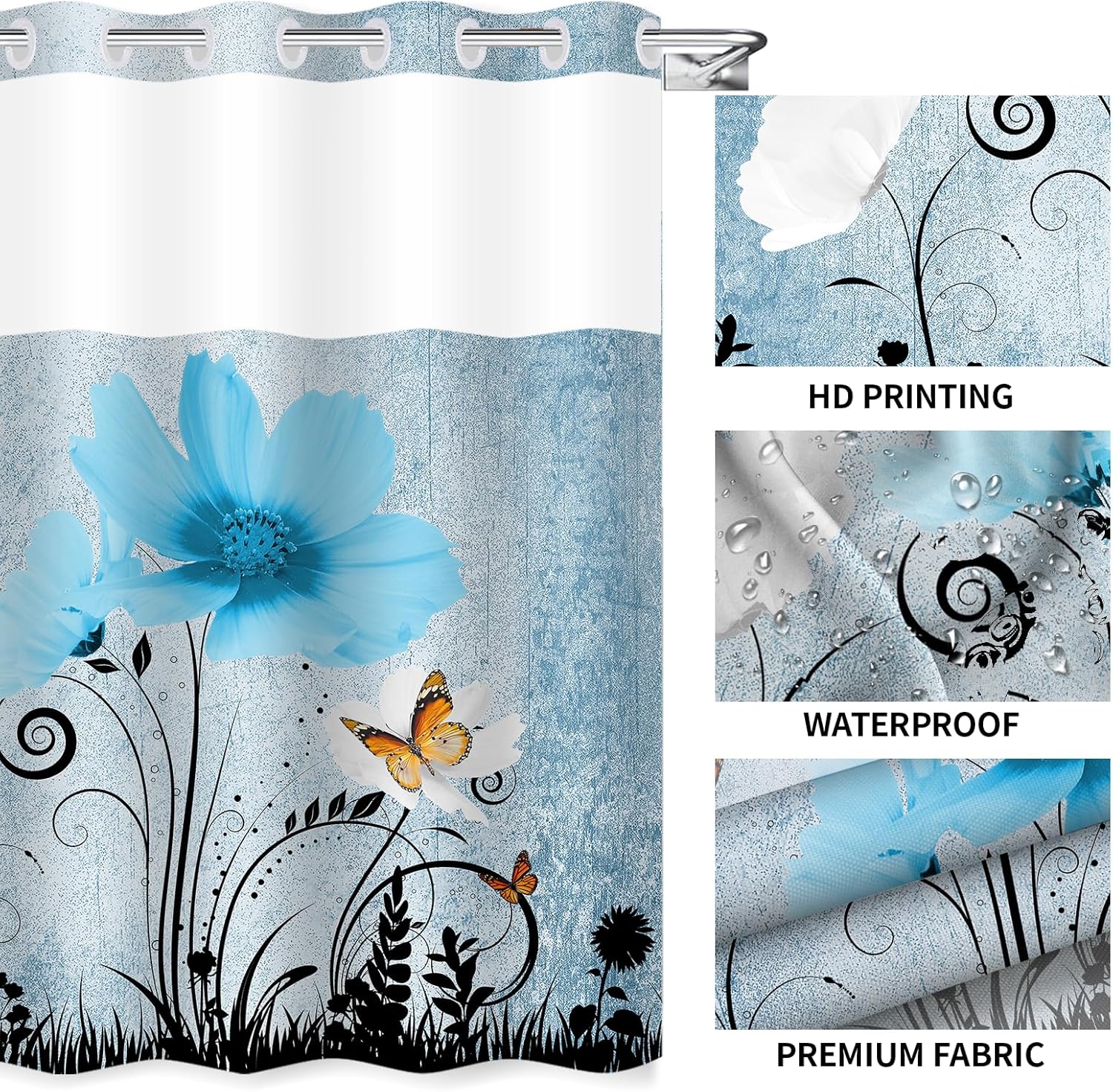 Beautiful Butterfly Shower Curtain with Aqua Floral Pattern