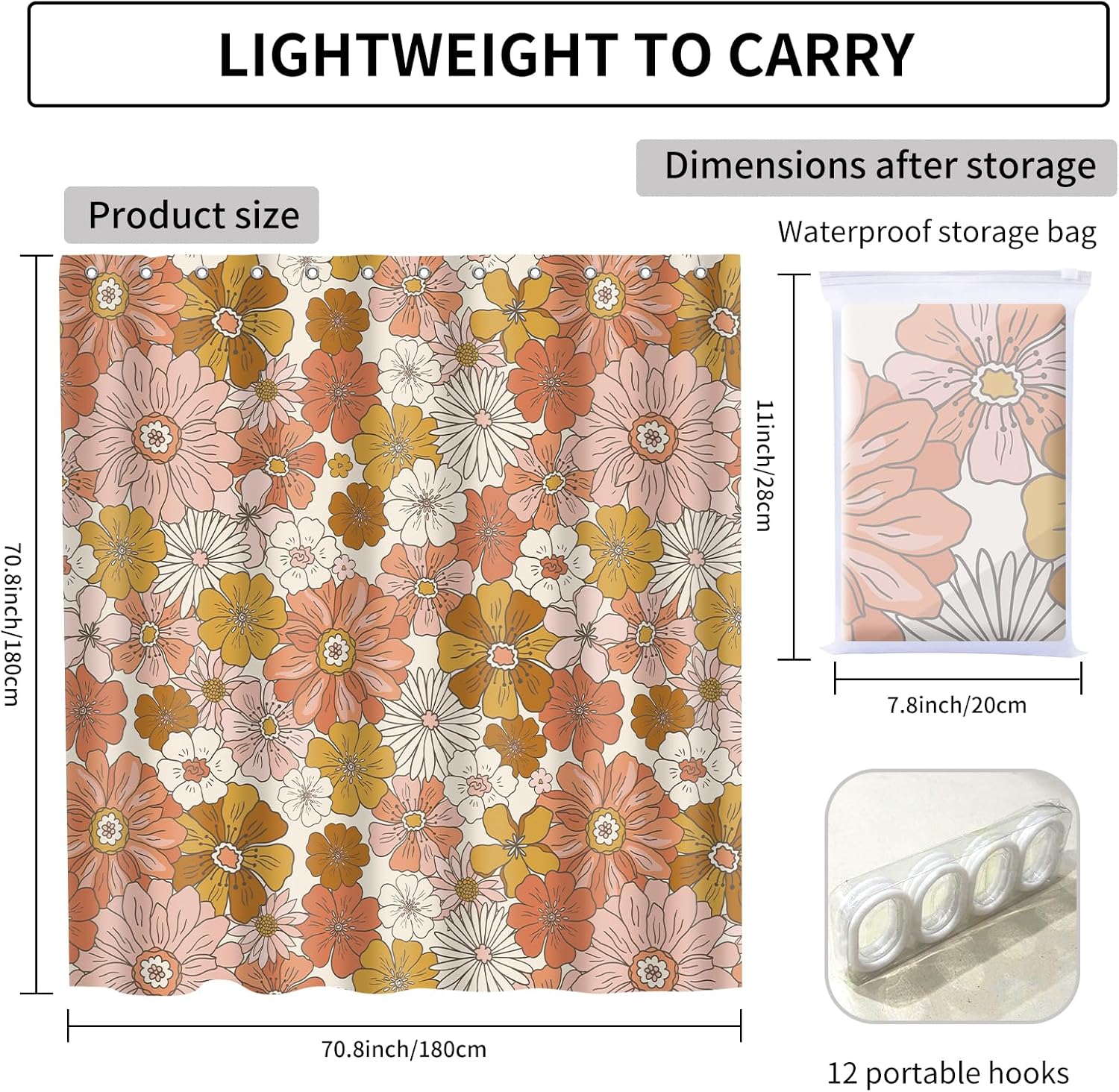 BAUCIWLD Retro Boho Flower Shower Curtain Set with 12 Hooks 1