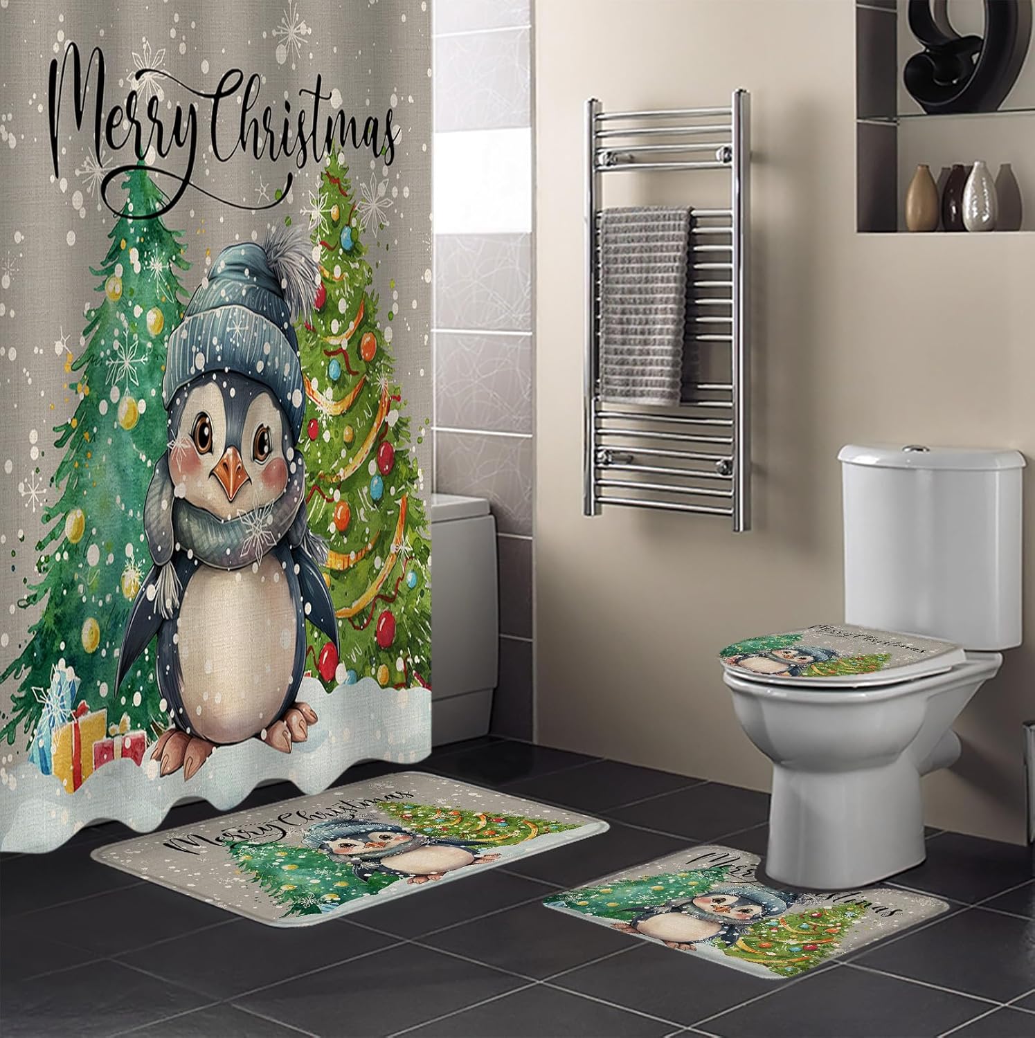 Christmas Penguin Bathroom Set with Shower Curtain and Rug