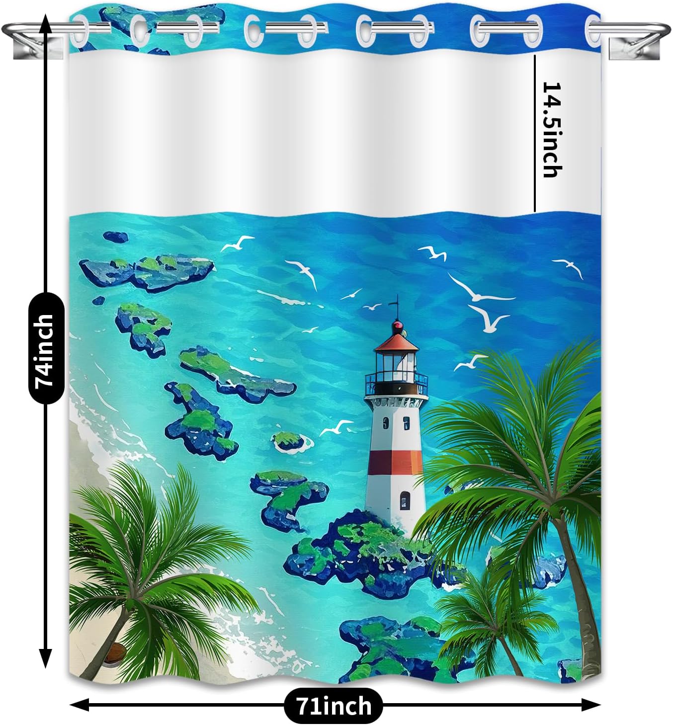 No Hook Beach Shower Curtain Set - Tropical Lighthouse Design in Summer Blue