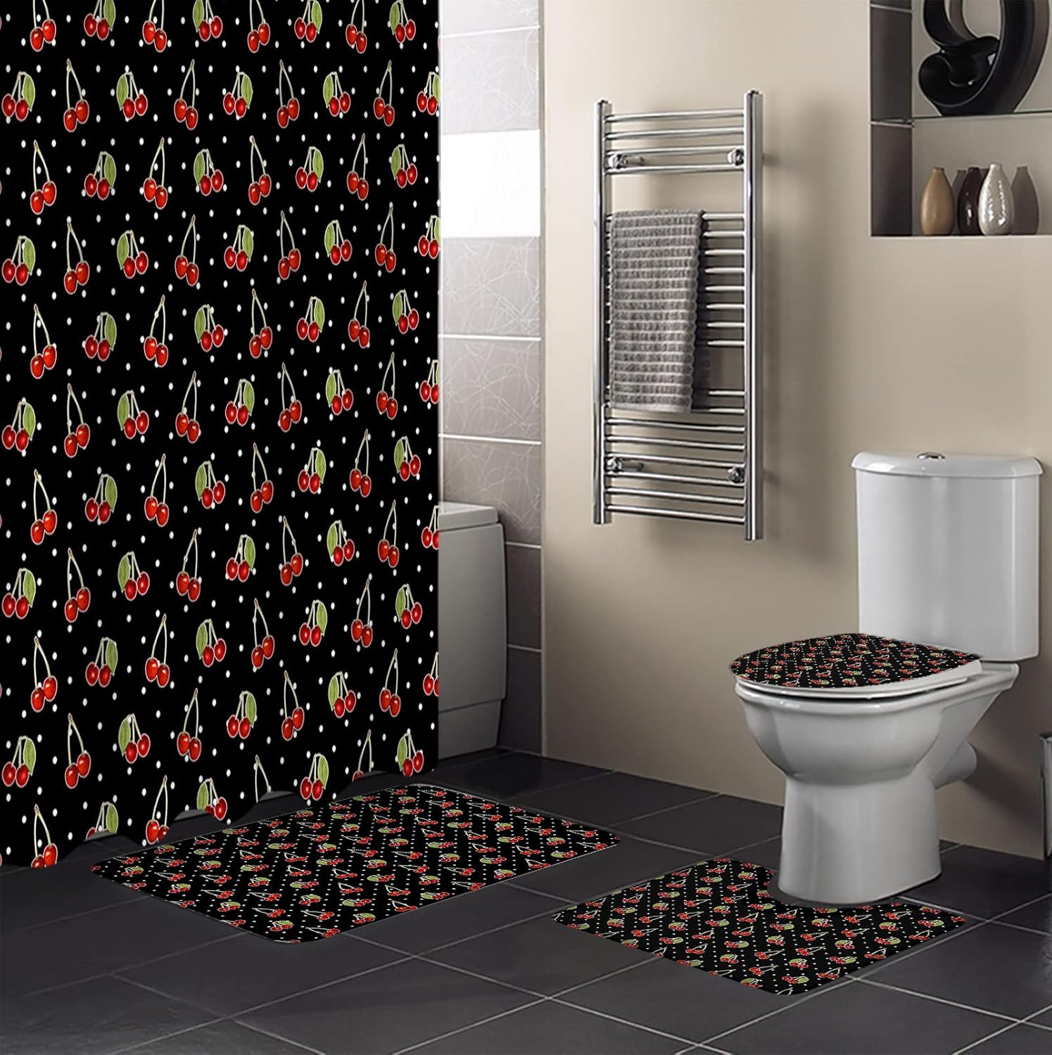 ZOE GARDEN Cherry Bathroom Set with Curtain Rug and Hooks
